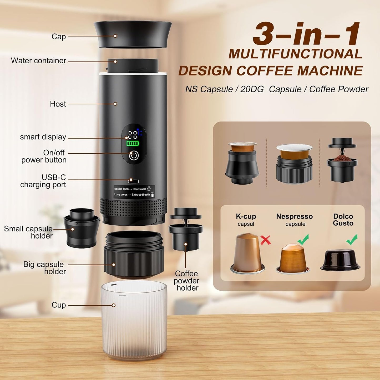 Portable Espresso Machine for Hiking Smart Display, 20 bar Mini Travel Coffee maker, Expresso Coffee Machines with USB-C,3-in-1 Car Coffee Maker Self-Heating, Ground Coffee & Capsule(Ns&DG)