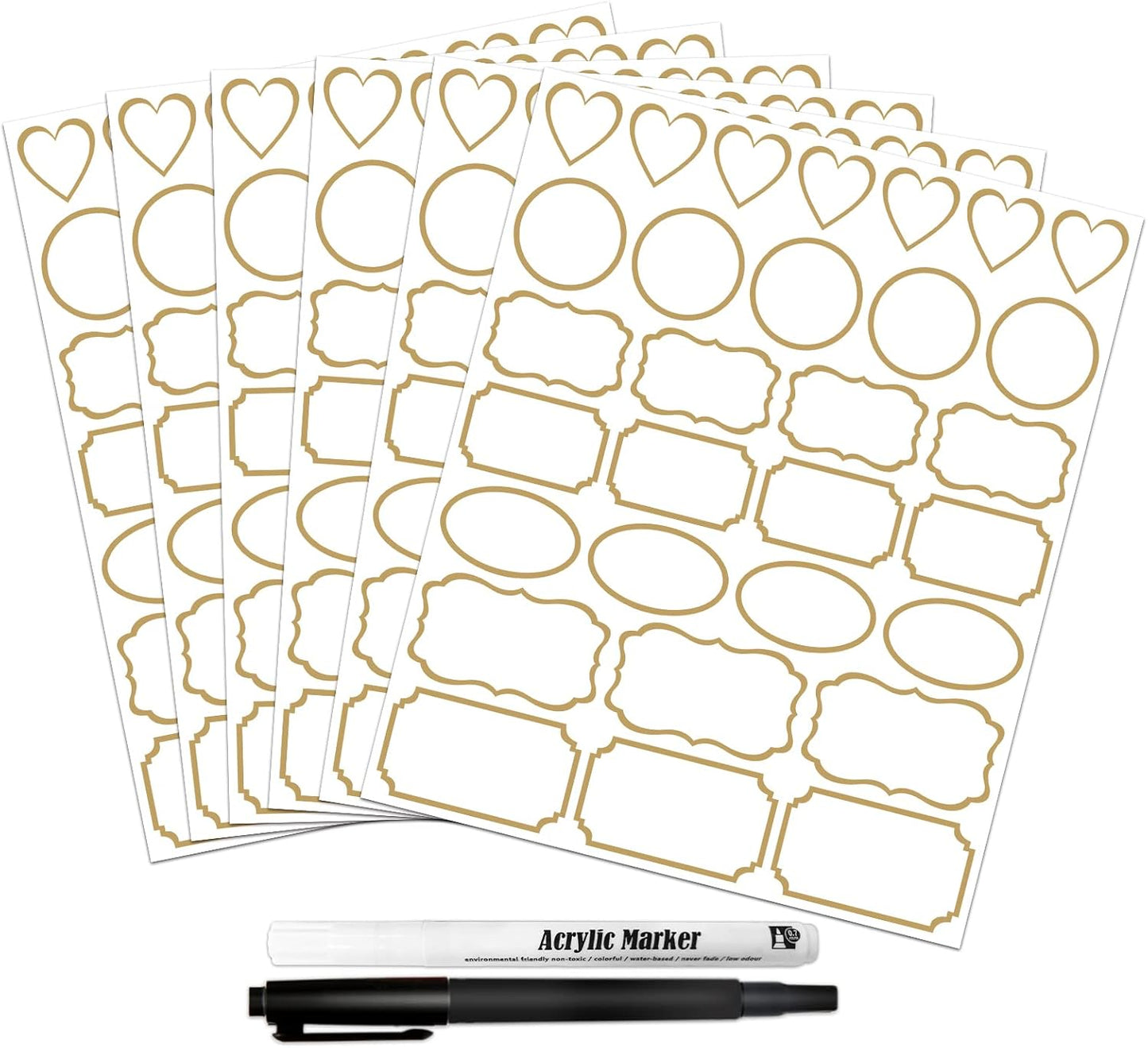 Clear Labels for Jars 180pcs Waterproof Removable Transparent Write-on Label Stickers with Gold Border,Great for Food Container Spice Bottle Condiment Flour Sugar Canisters Storage Bins,Free 2 Markers