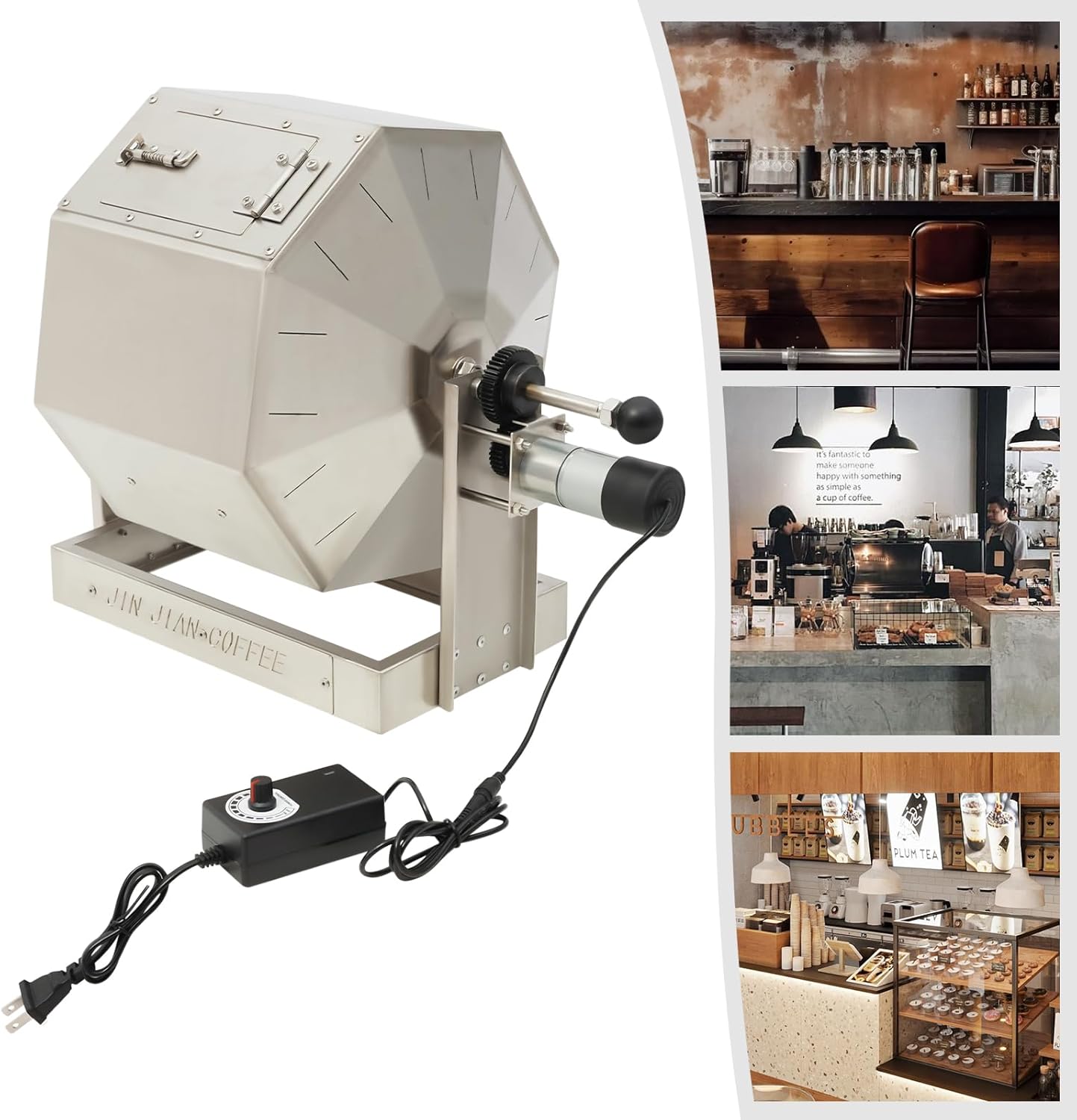 14.5L Coffee Roaster, Stainless Steel Electric Coffee Bean Roaster with Speed Controller 5-45 RPM, 14W Motor, Auto-matic Drum Type Nuts Coffee Bean Baking Machine, Home and Commercial Use Silver