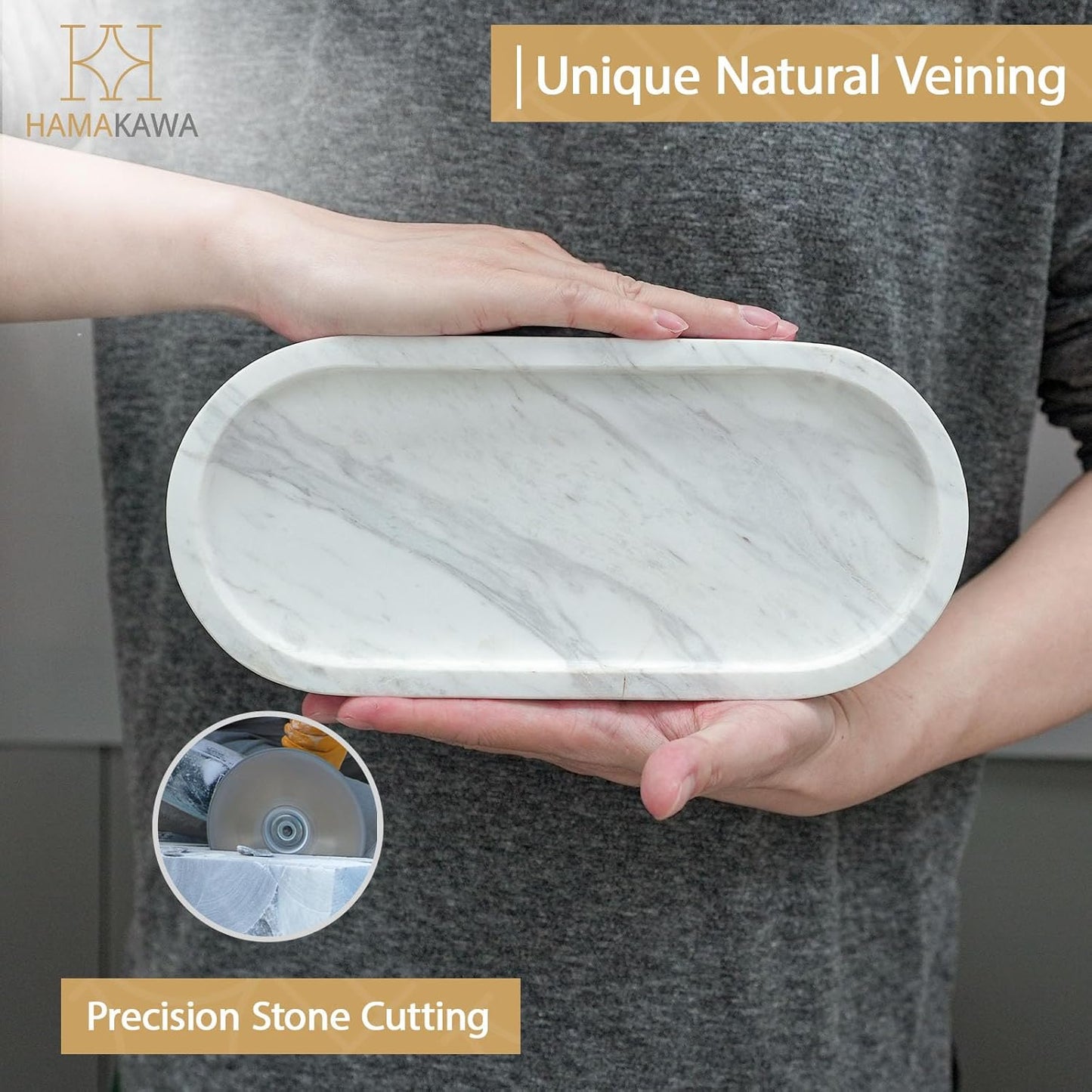 Bathroom Vanity Tray, Large Natural Marble Oval Sink Tray 10 Inch, Jazz White Limestone Dresser Tray for Soap Dispenser Modern Countertop Organizer for Kitchen Countertops, Home Decor