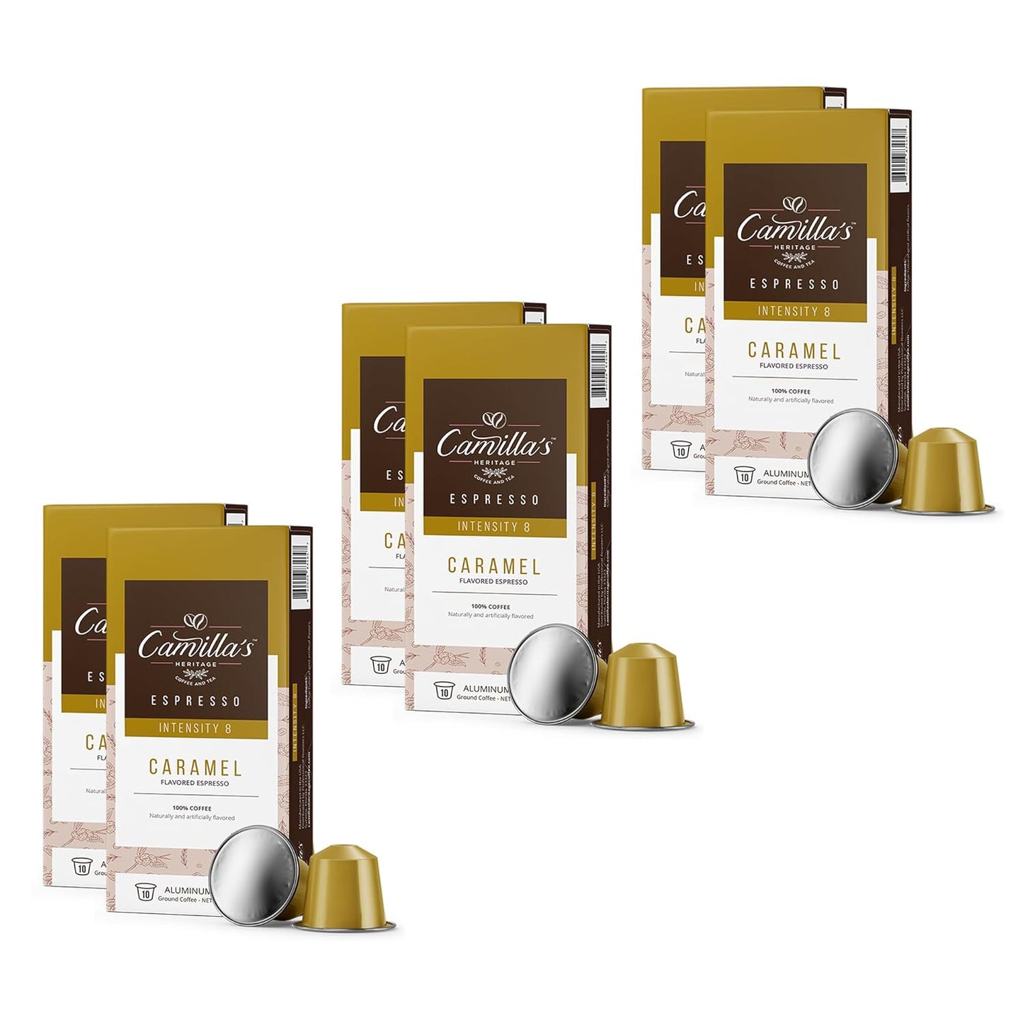Camilla’s Heritage - Intensity 8 Caramel Flavored Espresso Coffee, Gourmet Espresso Cups, 60 Coffee Pods