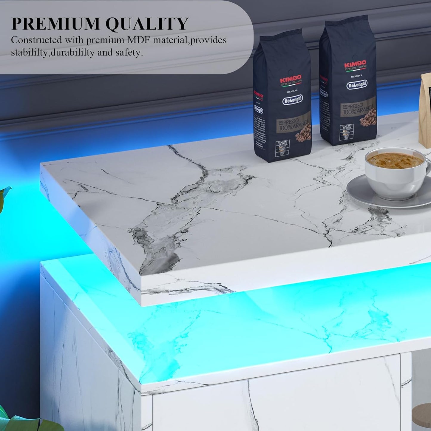 4 EVER WINNER Marble Buffet Cabinet with Storage, Modern Coffee Bar with LED Lights and Charge Station, Sideboard Buffet Cabinets with Adjustable Shelves for Kitchen,Dining Room