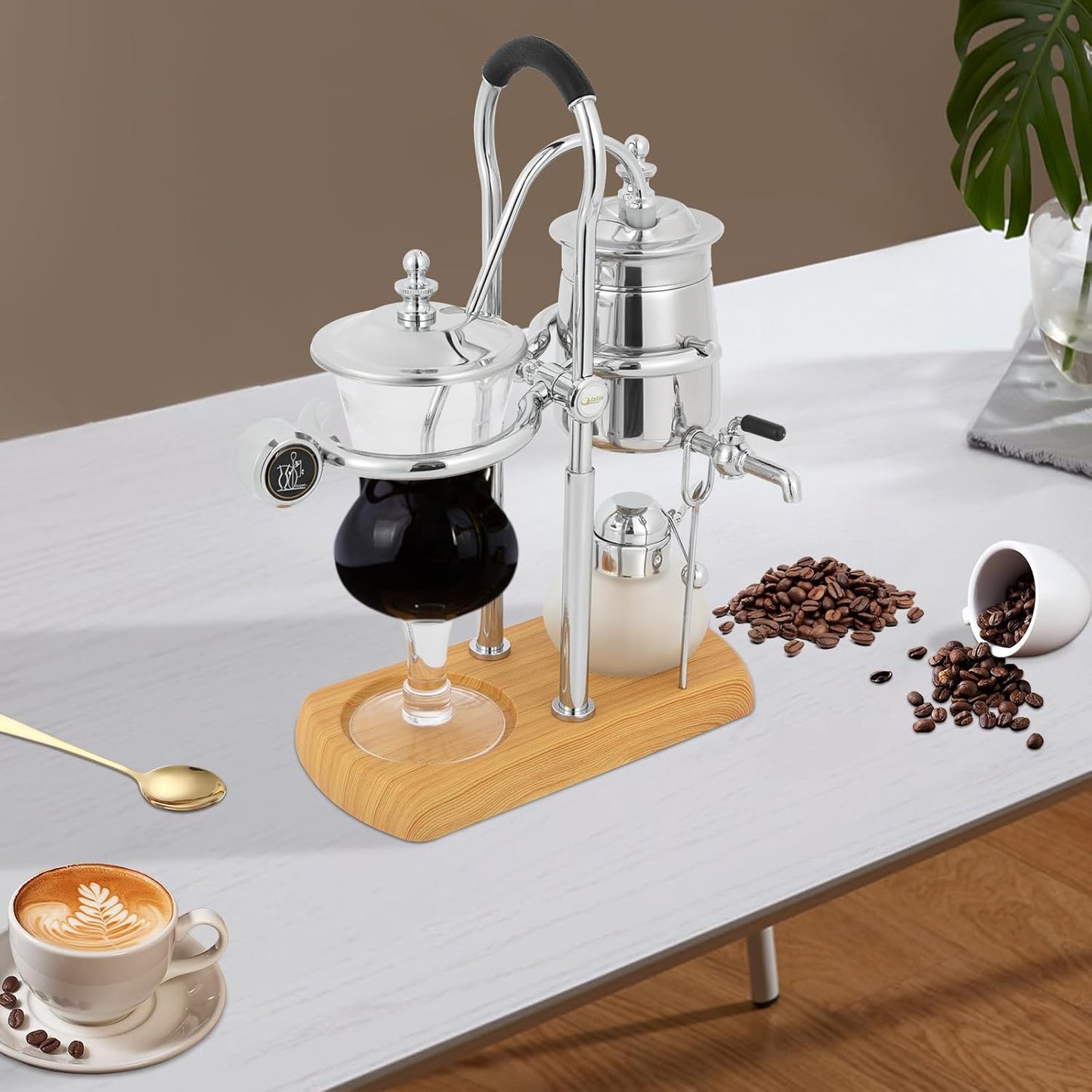 Balance Siphon Coffee Maker, Coffee Brewer Vintage Coffee Maker with Alcohol Burner Bottle and Measuring Cup Spoon, 400ml Gravity Coffee Maker for Personal Kitchens Coffee Shops (Silver)