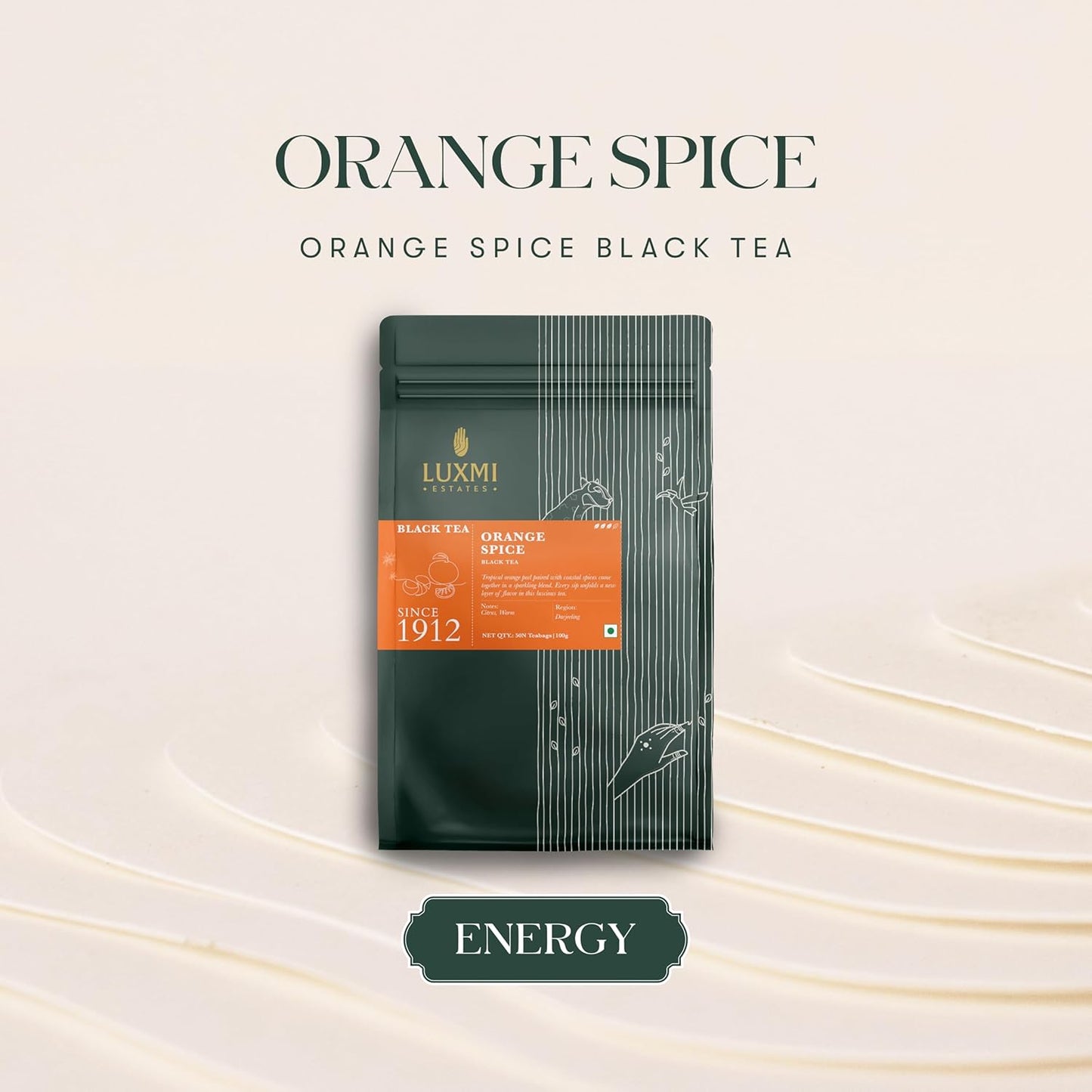 Luxmi Estates Orange Spice Black Tea 50 Tea Bags (100g) Pack | Certified Organic Black Tea | Smooth, Flavorful, Robust, Caffeinated | Darjeeling Tea from India | 50 Cups Bulk Pack
