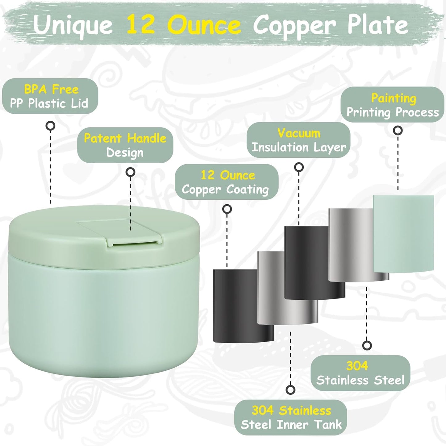 12oz Insulated Vacuum Food Jar with Buckle Lid Wide Mouth Soup Thermo for Hot Food Kids Leakproof Stainless Steel Lunch Container (Mint, 12OZ)