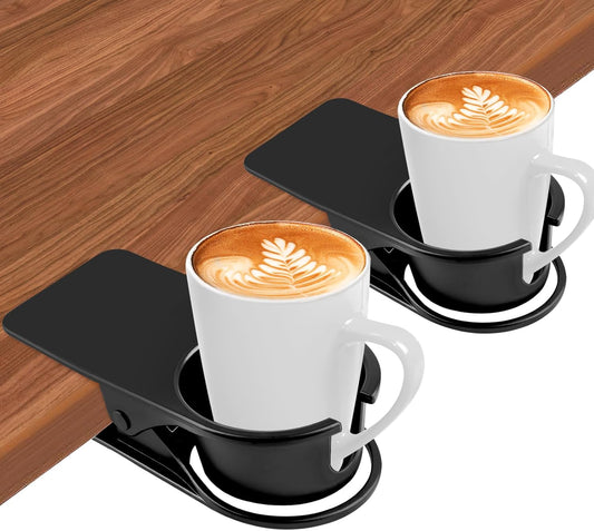 2PCS Drinking Cup Holder Clips, Kalolary Table Edge Cup Holder Clip Water Coffee Mug Holder Clip Desk Bottle Cup Stand Clip with Groove for Home & Office & Schoo (Black New)