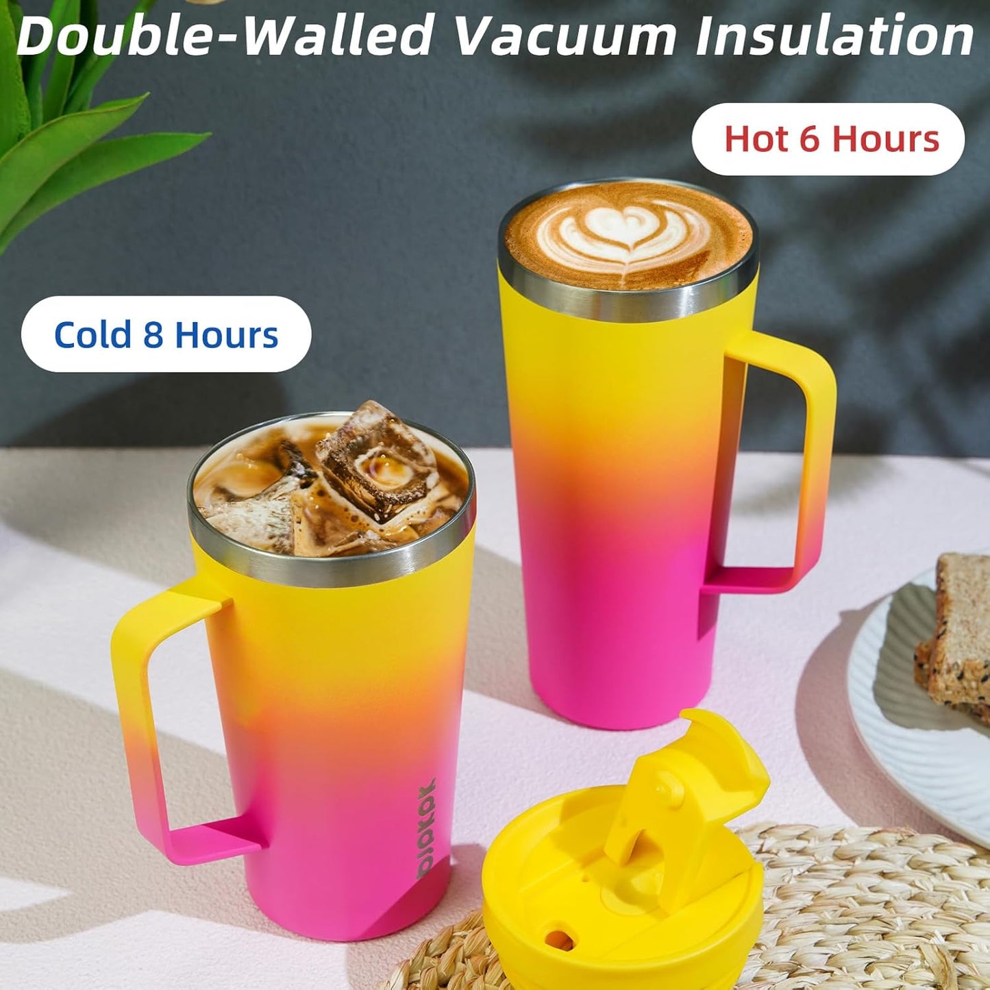 BJPKPK Insulated Tumbler with Handle, 18oz Insulated Tumblers with Lid and Straw, Stainless Steel Metal Water Bottles, Coffee Travel Mugs, Cups, Pink & Yellow Rose