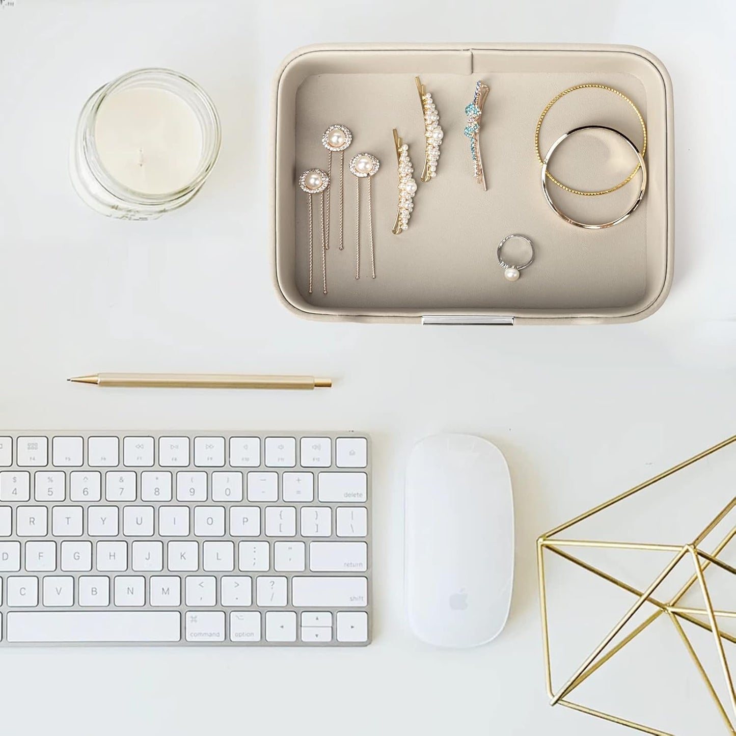 SANZIE Luxury Leather Tray Desktop Storage Catchall Organizer Decorative Tray for Entryway Table to Hold Jewelry Watch Keys Phone Wallet (Metal Silvered, Grey)