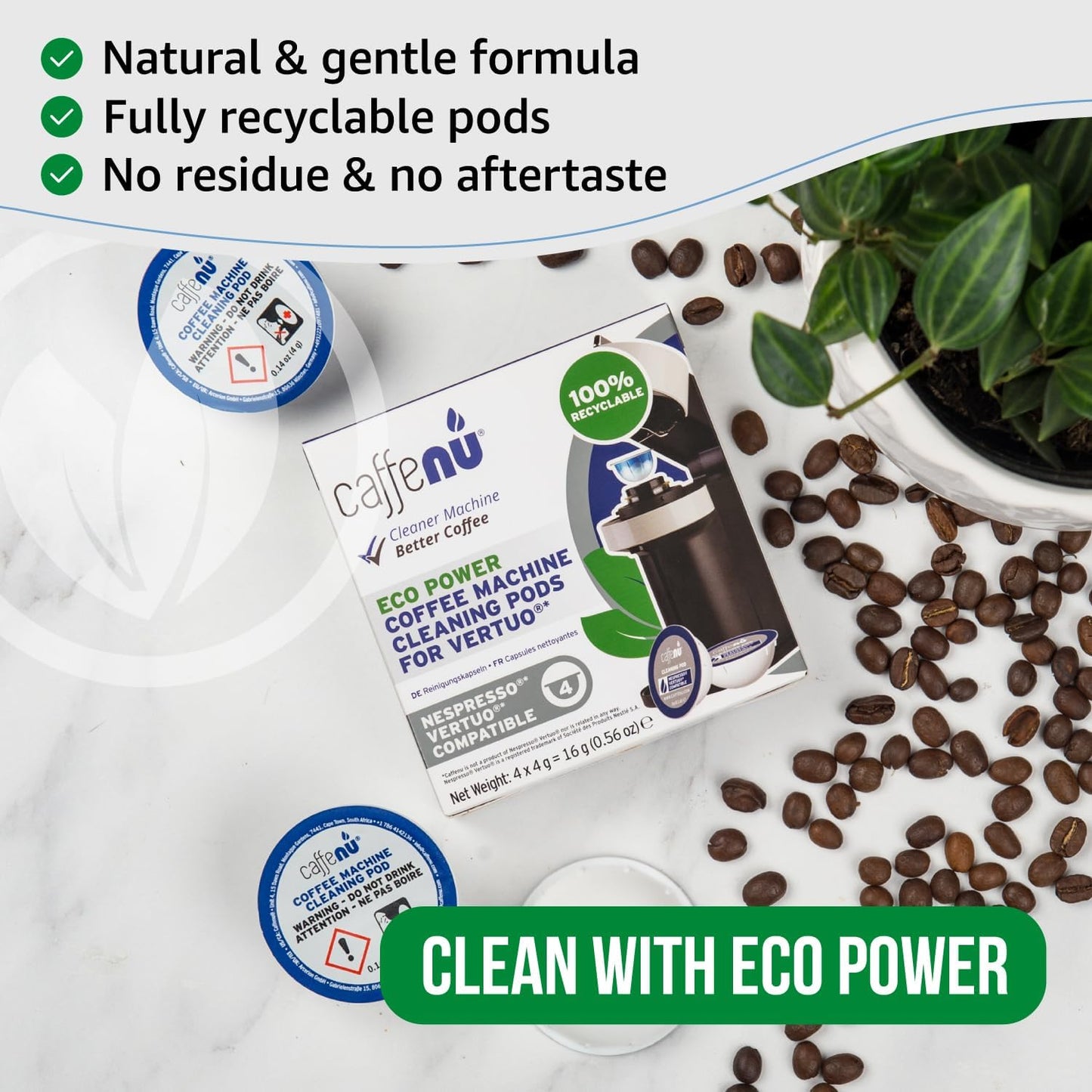 Caffenu Cleaning Pods Compatible with Nespresso Vertuo. 4 Cleaner Capsules. For Improved Coffee Flavor and Crisp Coffee. Use with Descaling Kit