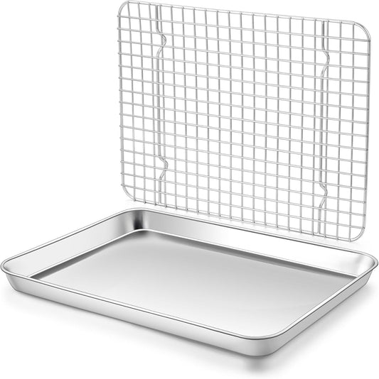 Baking Sheet with Wire Rack Set, Homikit Stainless Steel Quarter Sheet Pan with Grid Cooling Rack for Toaster Oven Roasting, Metal Bacon Cookie Trays Nonstick Jelly Roll Pan, 12" x 10" x 1 Inch