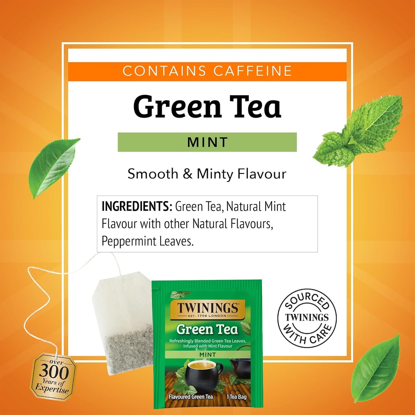 Twinings Green Tea with Mint Individually Wrapped Bags, 20 Count (Pack of 1), Invigorating Aroma, Caffeinated, Enjoy Hot or Iced, 20 Teabags