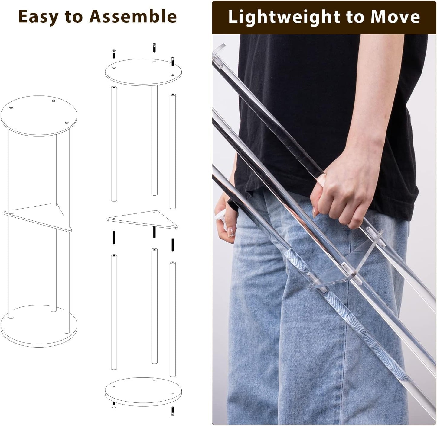 HMYHUM Clear Acrylic Drink Table for Small Spaces, Small Martini Drink Side Table for Living Room, 3 Tiers, C Shaped, 8" L x 8" W x 26" H