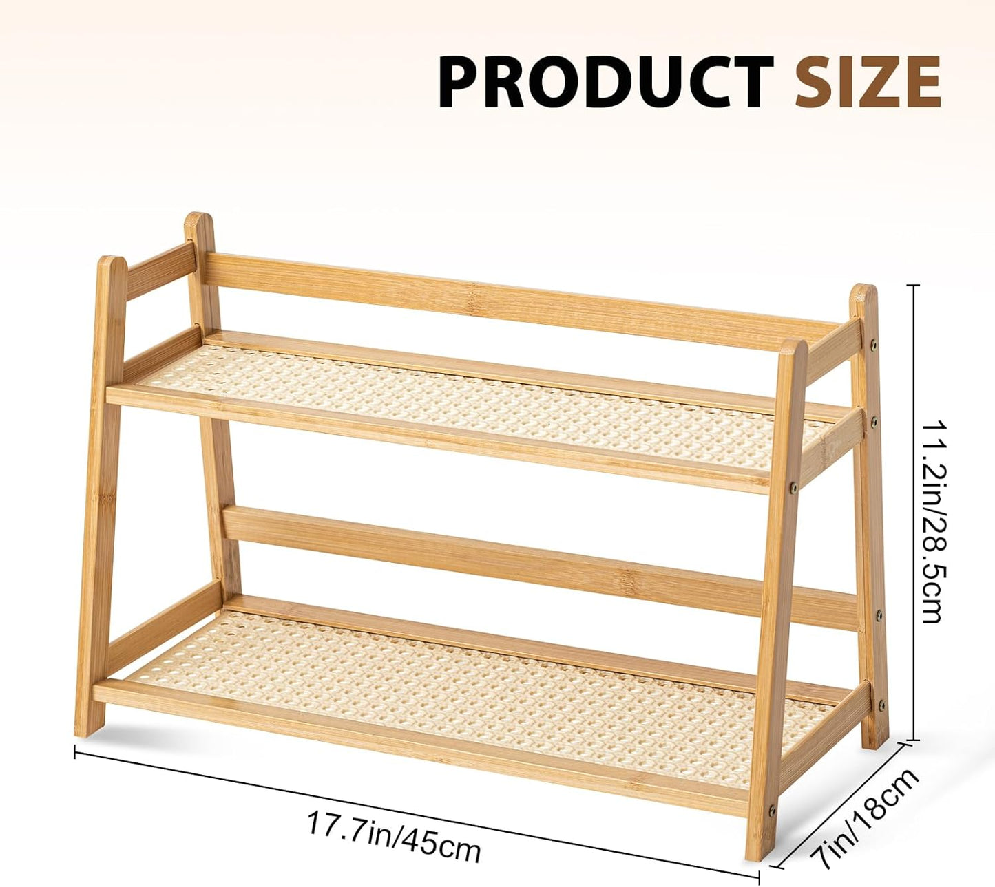 2 Pcs 17.7 Inch 2 Tier Matcha Station Shelf Bamboo Coffee Mug Stand Countertop Storage Rack, Double Layer Rattan Office Cup, Kitchen, Tea, Plant, Bar Accessories Condiment Display (Wood)