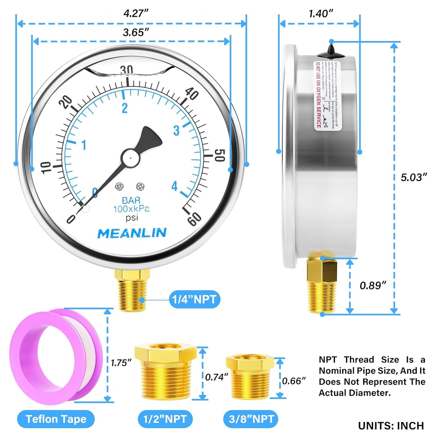 MEANLIN MEASURE 0~60Psi Stainless Steel 1/4" NPT 4" FACE DIAL Liquid Filled Pressure Gauge, Pool Sand Filter Water Pump Pressure Test Lower Mount, with 1/2" NPT and 3/8" NPT Hex Bushing