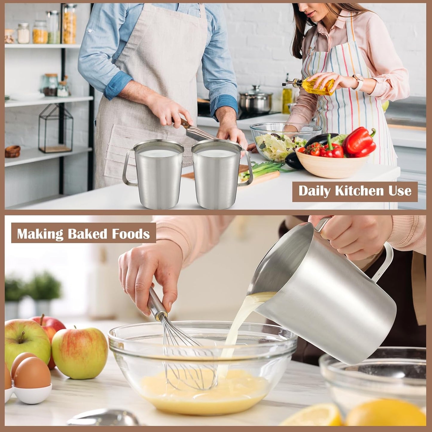 Flutesan 3 Pcs Stainless Steel Measuring Cups Measuring Pitcher with Handle with Markings for Latte Art, Water Pouring 6 Cup (50 oz)