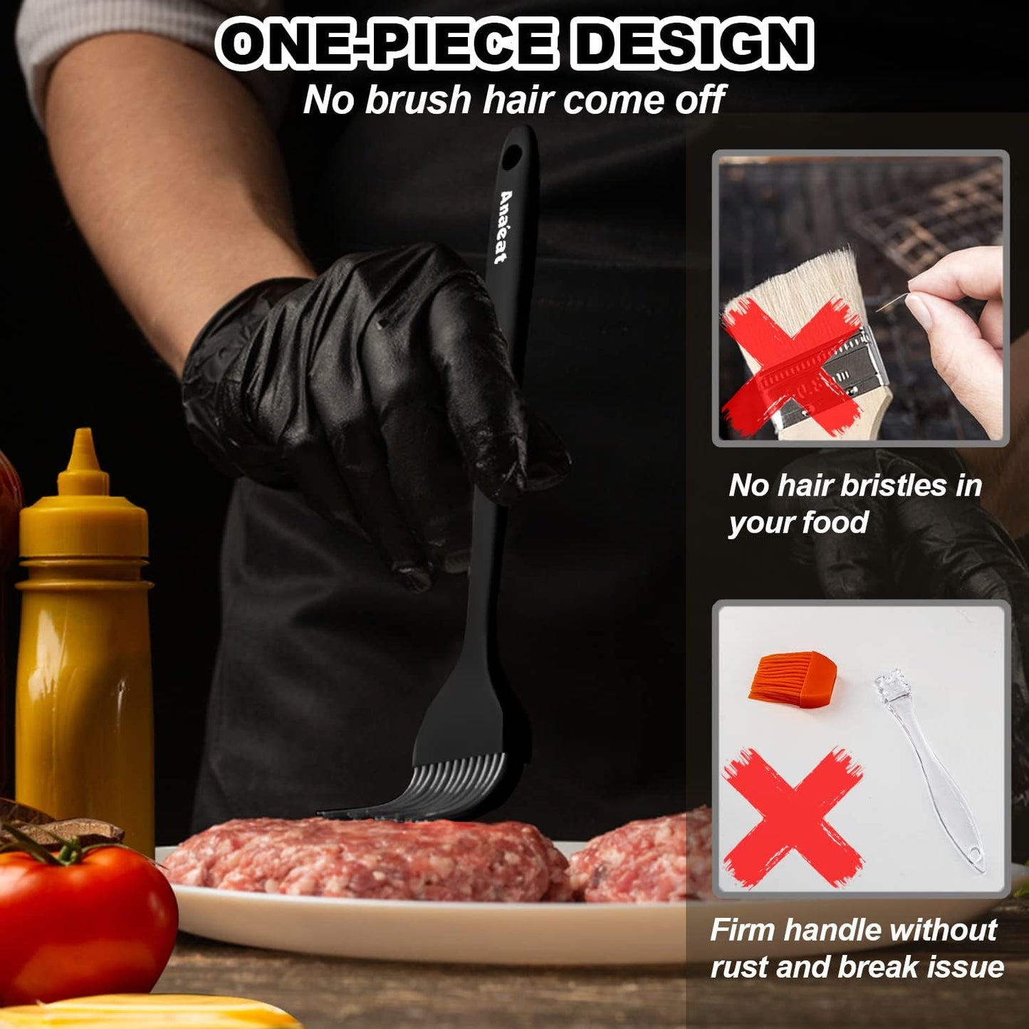 Anaeat High Heat Resistant Silicone Basting Pastry Brush Set of 3- Hygienic One-Pieces Design Spread Oil Butter for BBQ Grill Barbecue Baking Kitchen Cooking - BPA Free & Dishwasher Safe (10"+8.2")