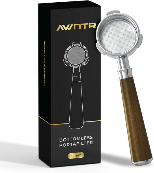 Bottomless Portafilter 54mm - Stainless Steel Filter Basket and Ergonomic Mahogany Wood Handle - Compatible with Breville 54mm Bottomless Portafilter Coffee Machine Models