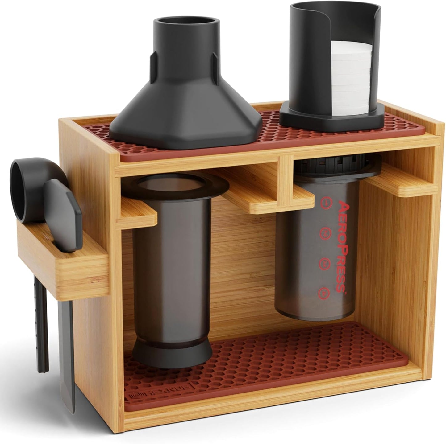 HEXNUB – Bamboo Organizer for AeroPress, Coffee Caddy Station Holds AeroPress Coffee Maker, Accessories, Filters, Cups, Stand includes Dripper Mats (Brown)