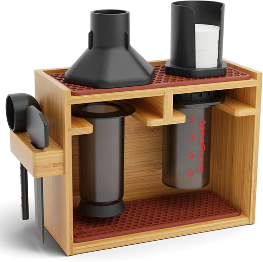 HEXNUB – Bamboo Organizer for AeroPress, Coffee Caddy Station Holds AeroPress Coffee Maker, Accessories, Filters, Cups, Stand includes Dripper Mats (Brown)