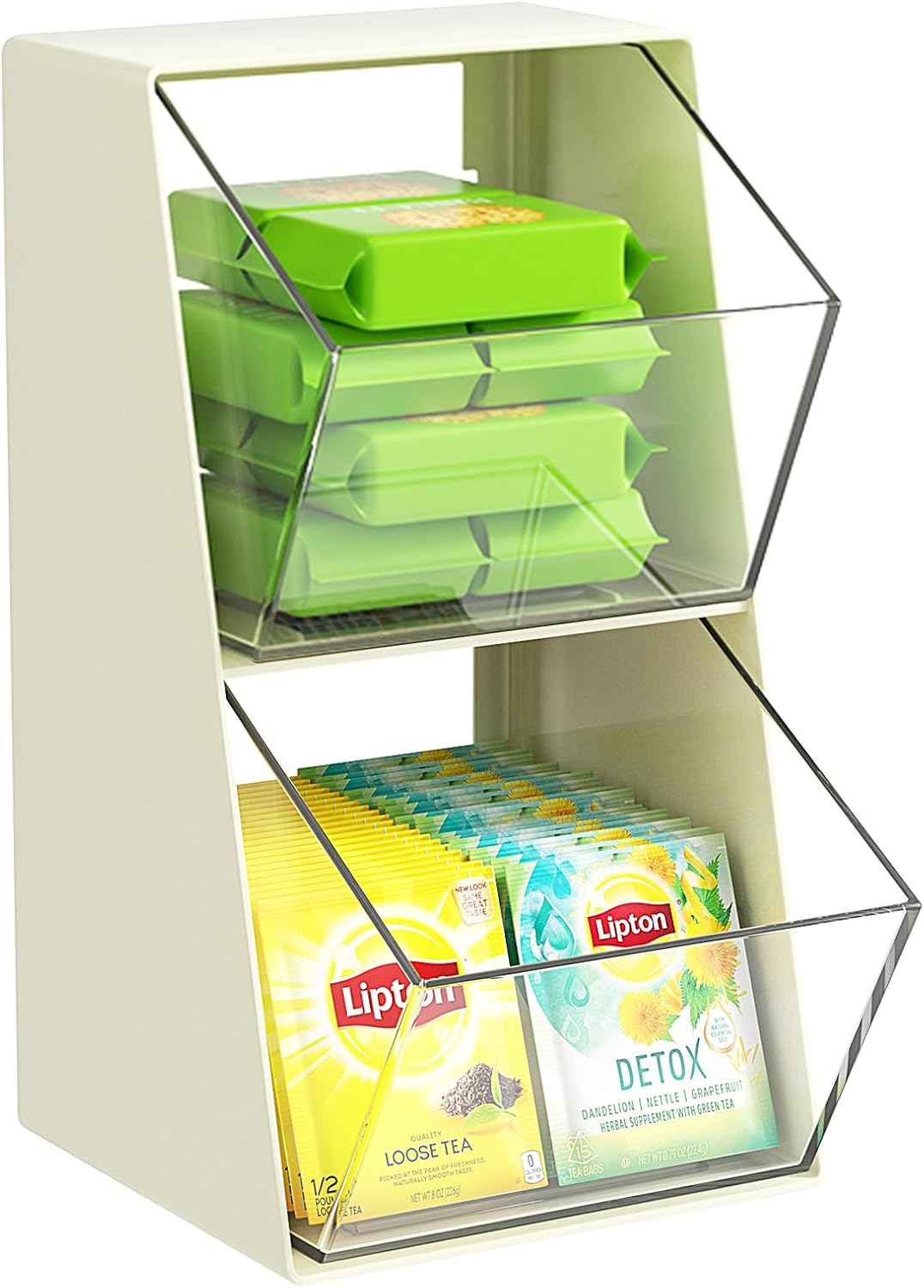 Acrylic Tea Bag Organizer Storage Box with 2 Transparent Drawers, Multi-Functional Coffee Pod K Cup Holder Container for Kitchen Home Office Organizer - White