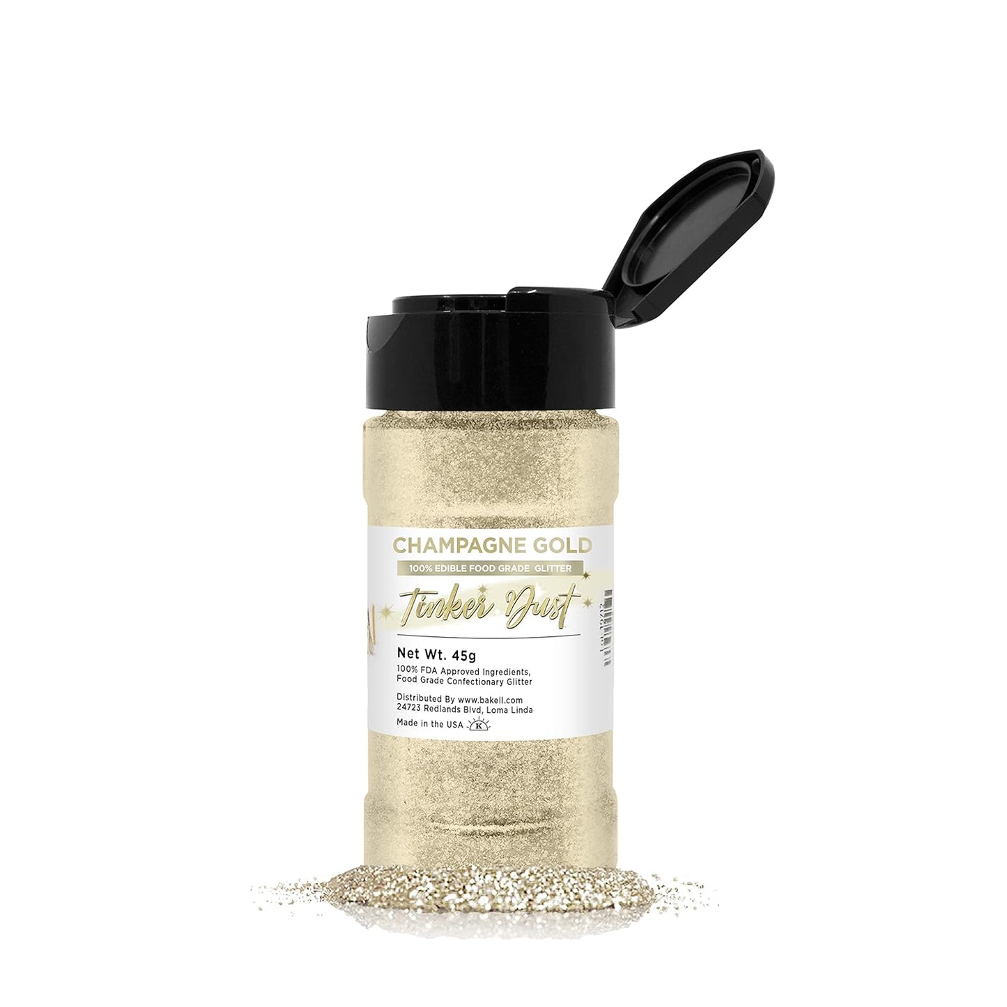 BAKELL Champagne Gold Edible Glitter, 45 Grams | TINKER DUST Edible Glitter | KOSHER Certified | 100% Edible Glitter | Cakes, Cupcakes, Cake Pops, Drinks, Dessert Vegan Glitter & Dusts (45g Shaker, Champagne Gold)