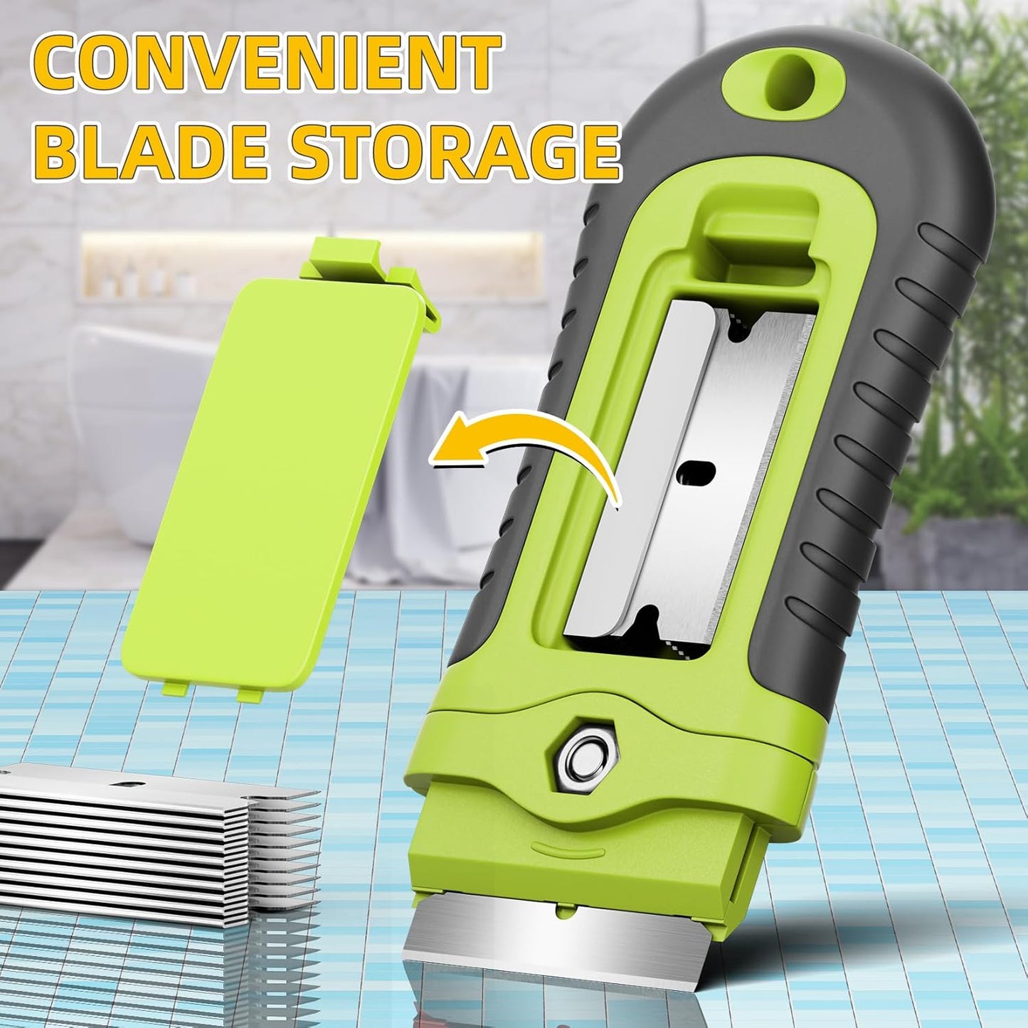 DIYSELF 1 Pack Razor Blade Scraper with 15 Extra Blades, Scraper Tool for Cleaning Window, Paint, Cooktop, Oven, Glass Stove Top Scraper, Razor Scraper with Buit-In Blade Storage (Green)