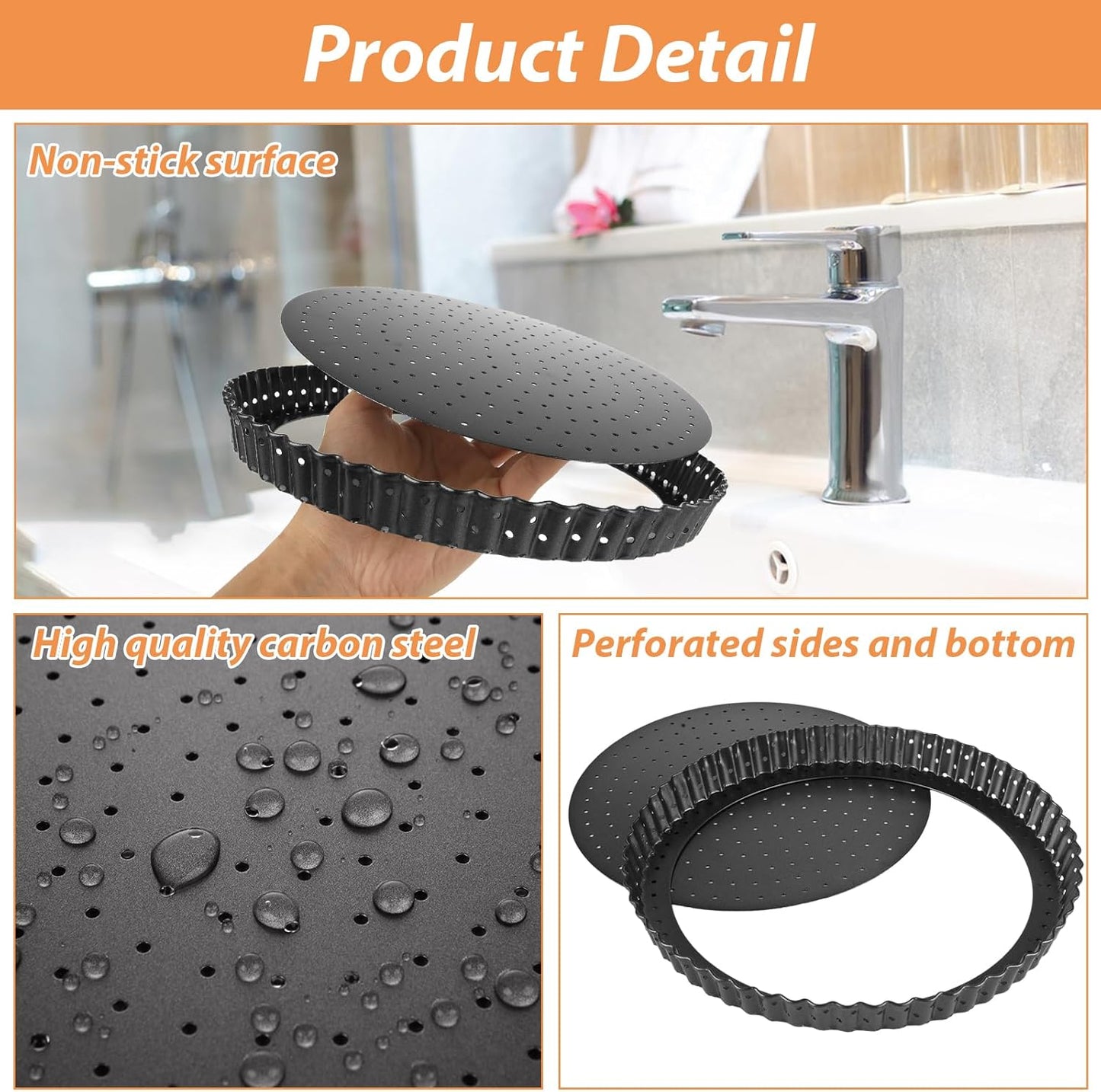 2Pcs Tart Pan 9 Inch Removable Bottom, Non-Stick Quiche Pan with Perforated Holes, Carbon Steel Quiche Baking Dish Fluted Tart Mold for Pies, Tarts and Quiche Baking