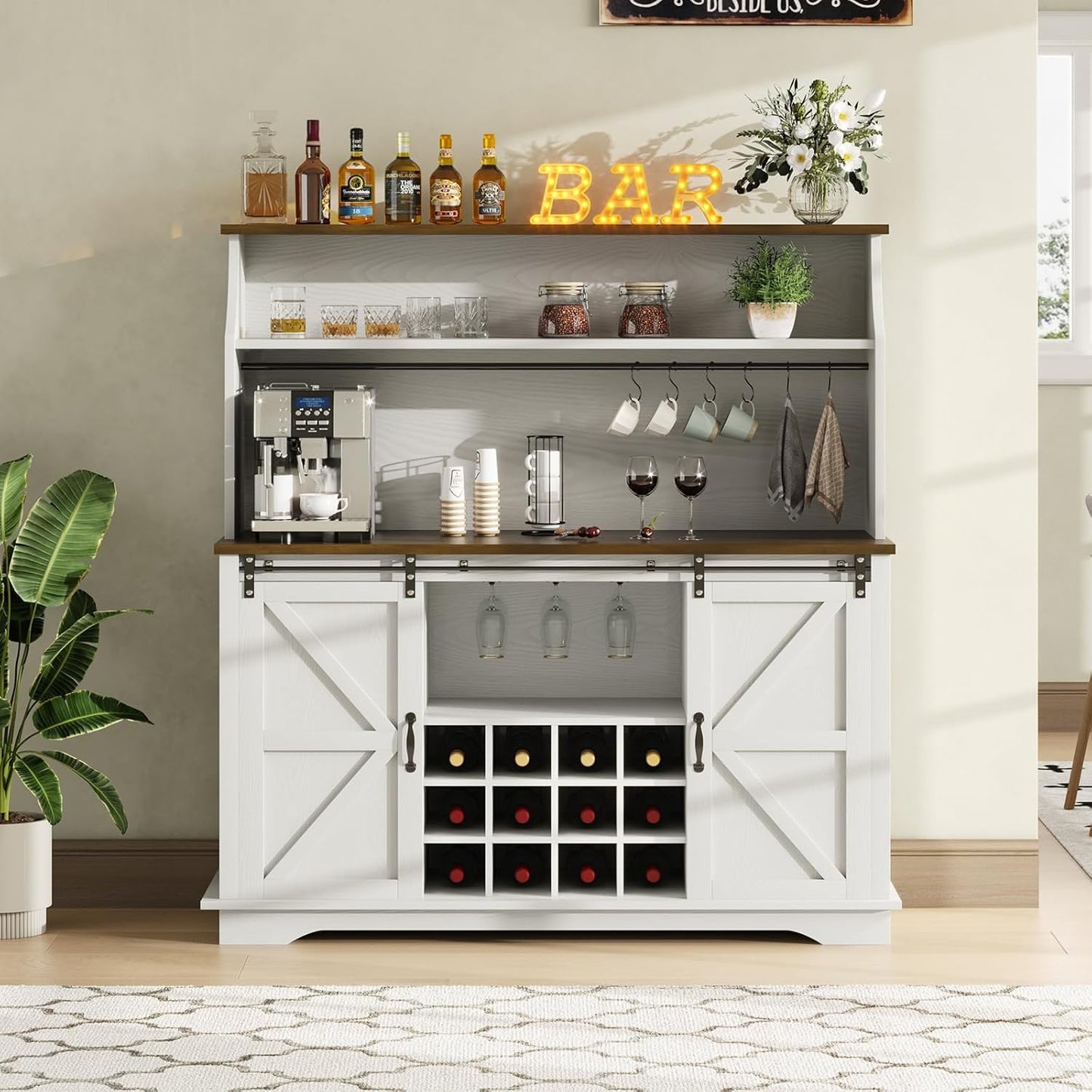 55 Inch Farmhouse Coffee Bar Cabinet with 3-Tier Storage, Kitchen Hutch with 12 Wine Racks & 3 Glass Holders, Coffee Bar with 6 Hooks, Wine Bar Cabinet for Dining Living Room, White