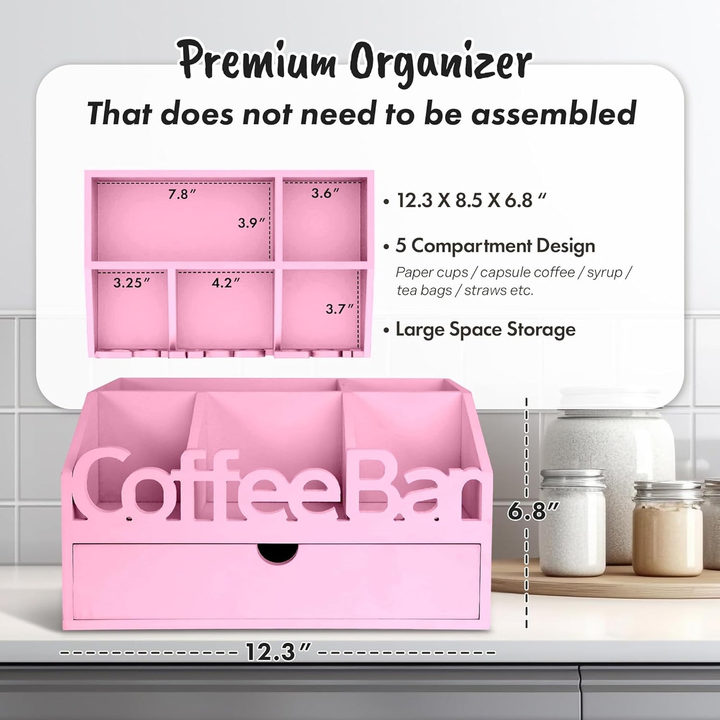 Coffee Bar Organizer for Countertop – Wooden Coffee Station with Black Drawer, Tea and K Cup Storage Rack, Coffee Pod Holder for Home and Office Counter Organization (Drawer - Pink)