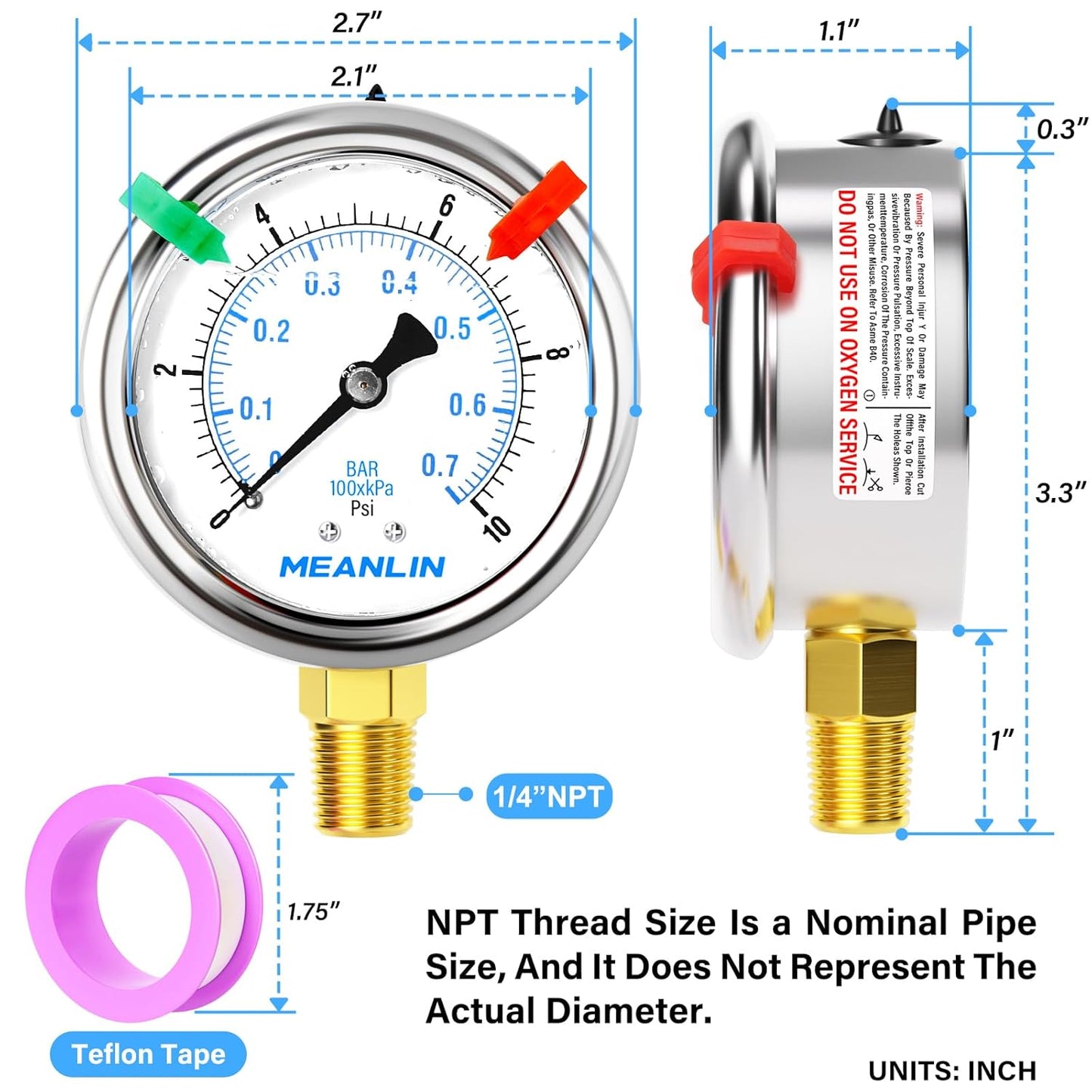 MEANLIN MEASURE 0~10Psi Liquid Filled Pressure Gauge 1/4" NPT 2.5" FACE DIAL Stainless Steel Glycerin Filled WOG Water Oil Air Lower Mount (with 2PCS Snaps)