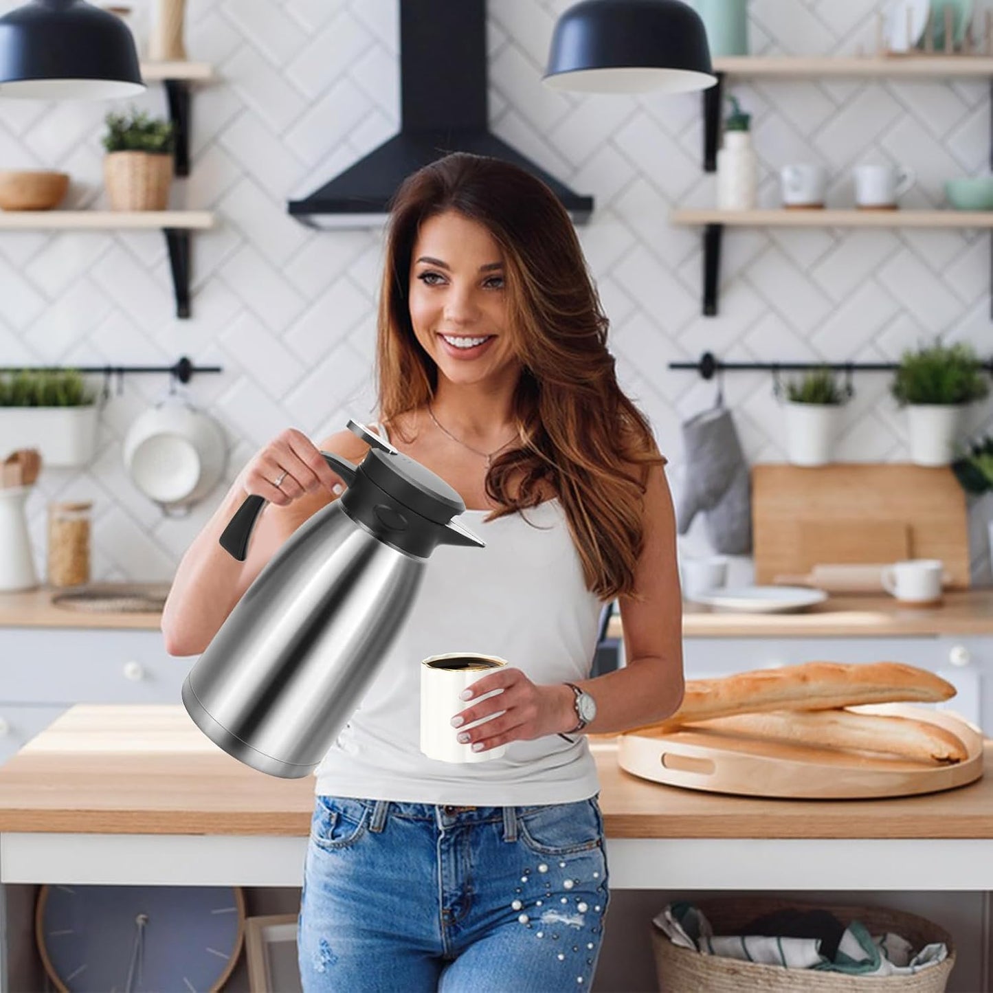 70oz Thermal Coffee Carafe, Double Wall Vacuum Thermos for Hot Drinks, Stainless Steel Carafe for Hot Liquids Large Tea Thermos for Home School Office for Valentine's Day (Classic Silver)