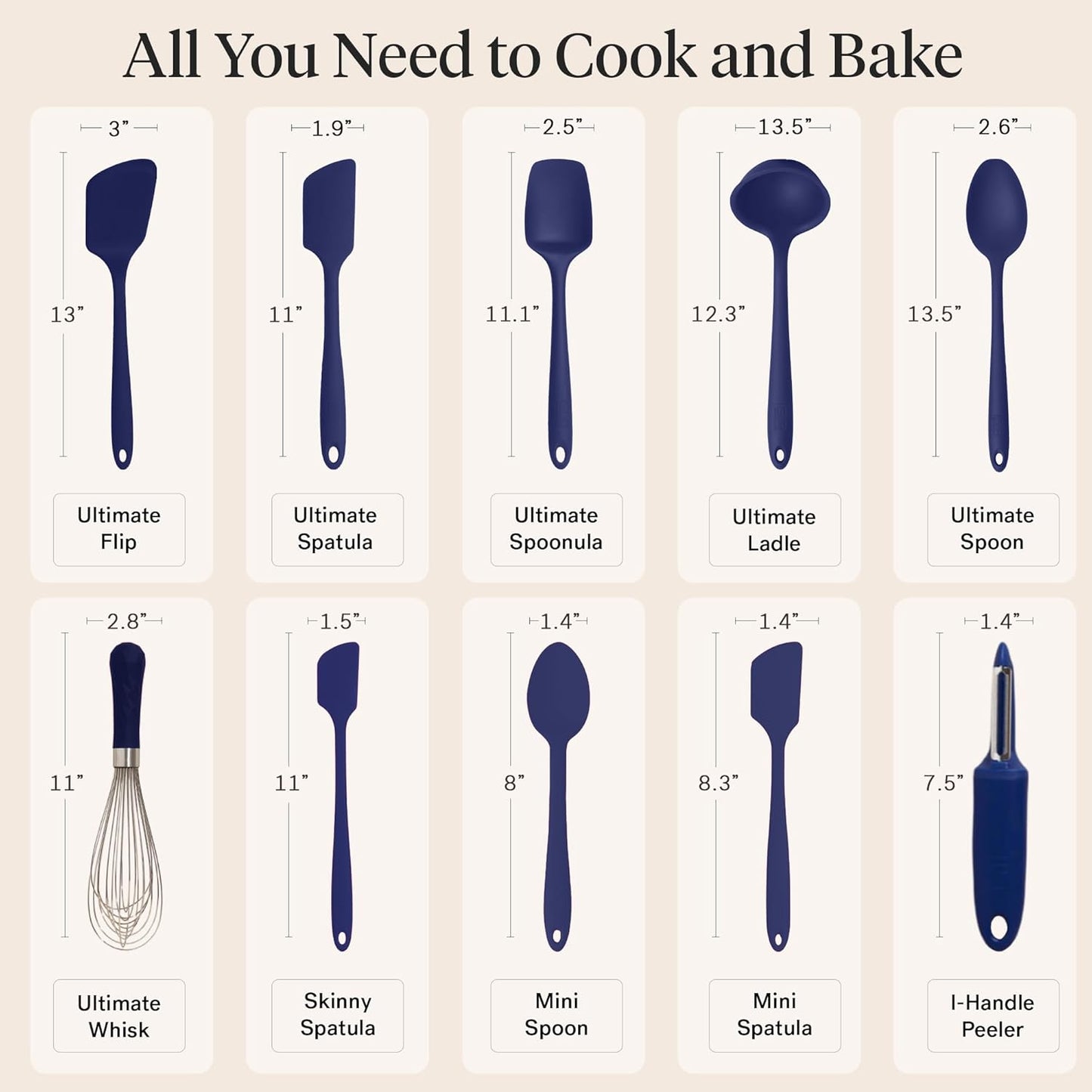 GIR: Get It Right Spatula Set - 10-Piece Silicone, Navy - Heat-Resistant Spatulas for Kitchen Use & Silicone Cooking Spoons - Dishwasher-Friendly Kitchen Utensils