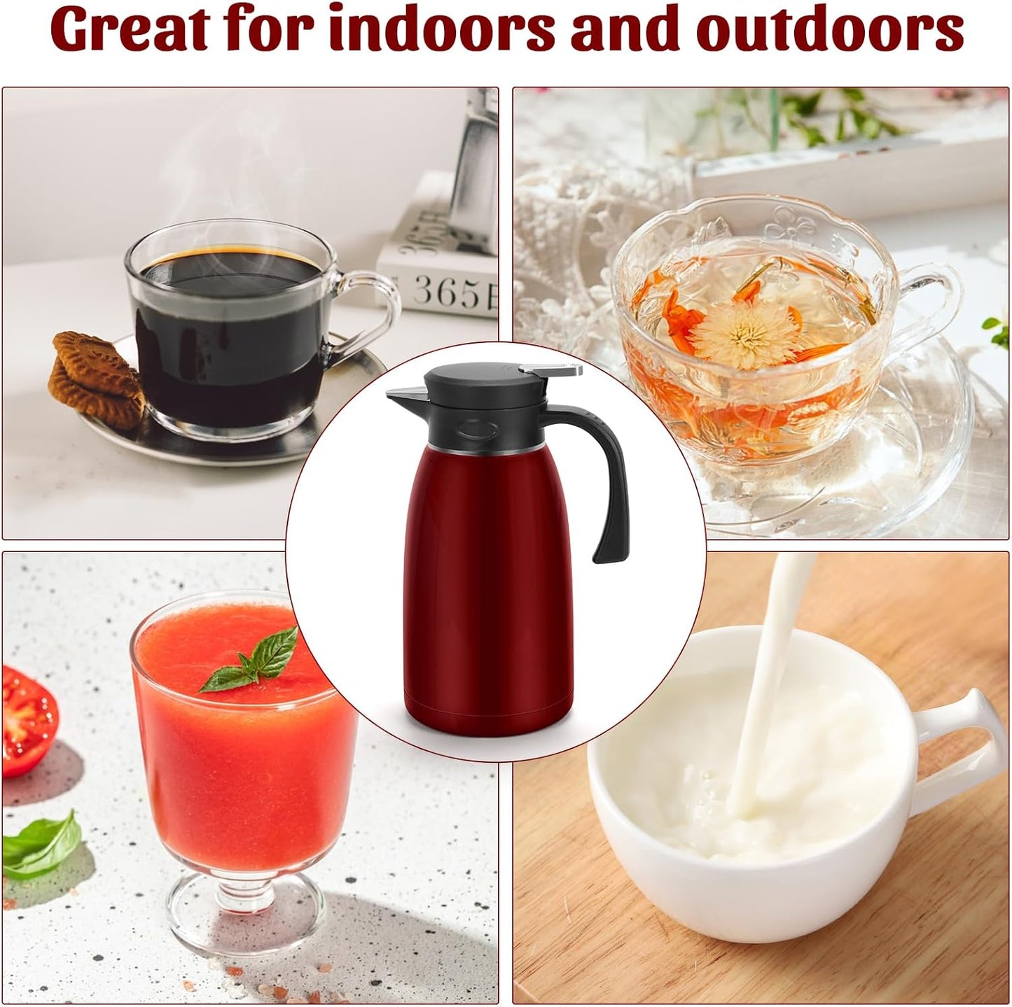 70oz Thermal Coffee Carafe, 2L Stainless Steel Thermos for Hot Drinks, Double Wall Vacuum Carafe for Hot Liquids Large Tea Thermos for Home School Office for Valentine's Day Burgundy