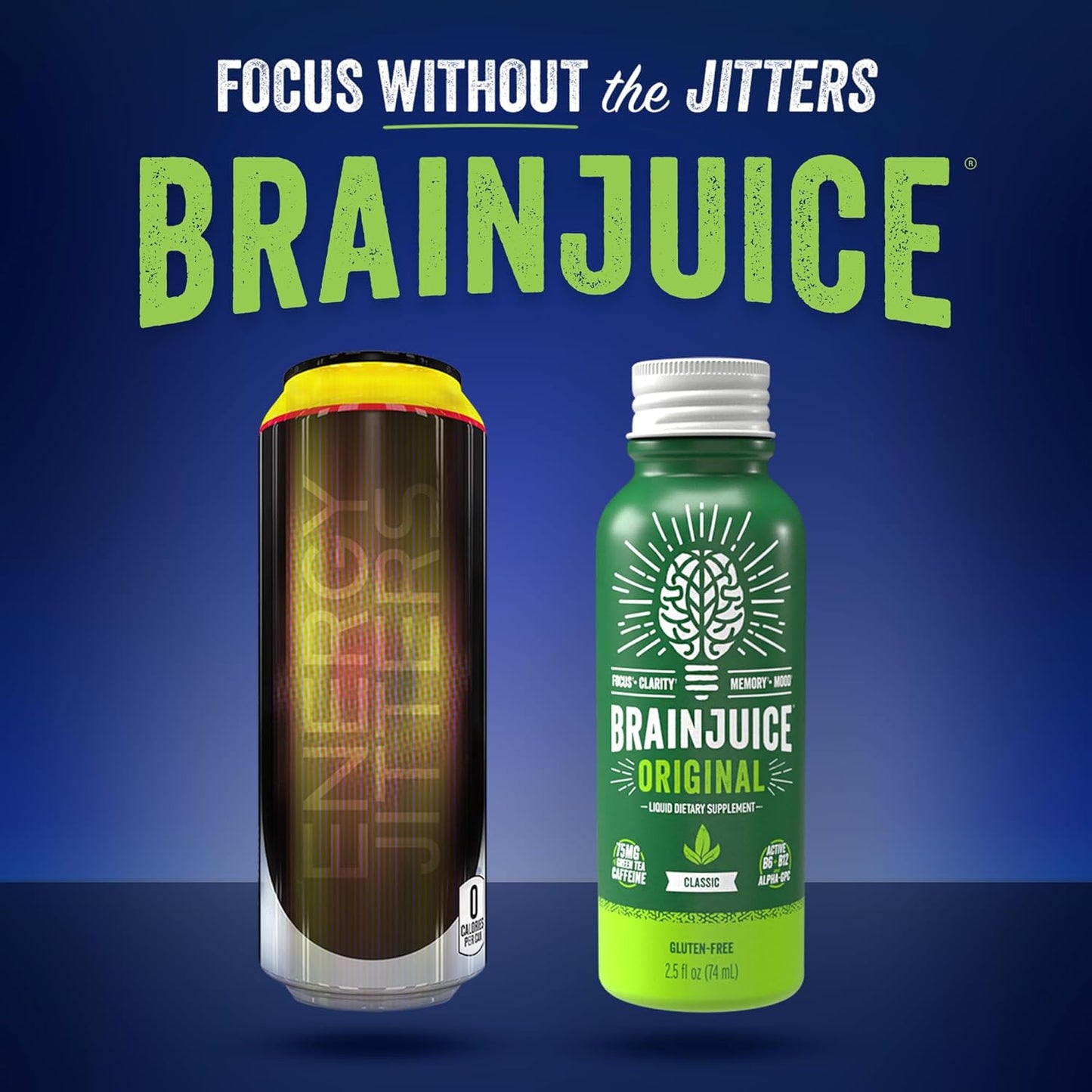 BrainJuice Focus & Energy Drink Shots, Nootropics with Alpha GPC, B Vitamins & Organic Green Tea Caffeine, Supports Focus, Memory & Clarity, Non-GMO, Gluten Free, Classic, 2.5 fl oz, 12 Pack