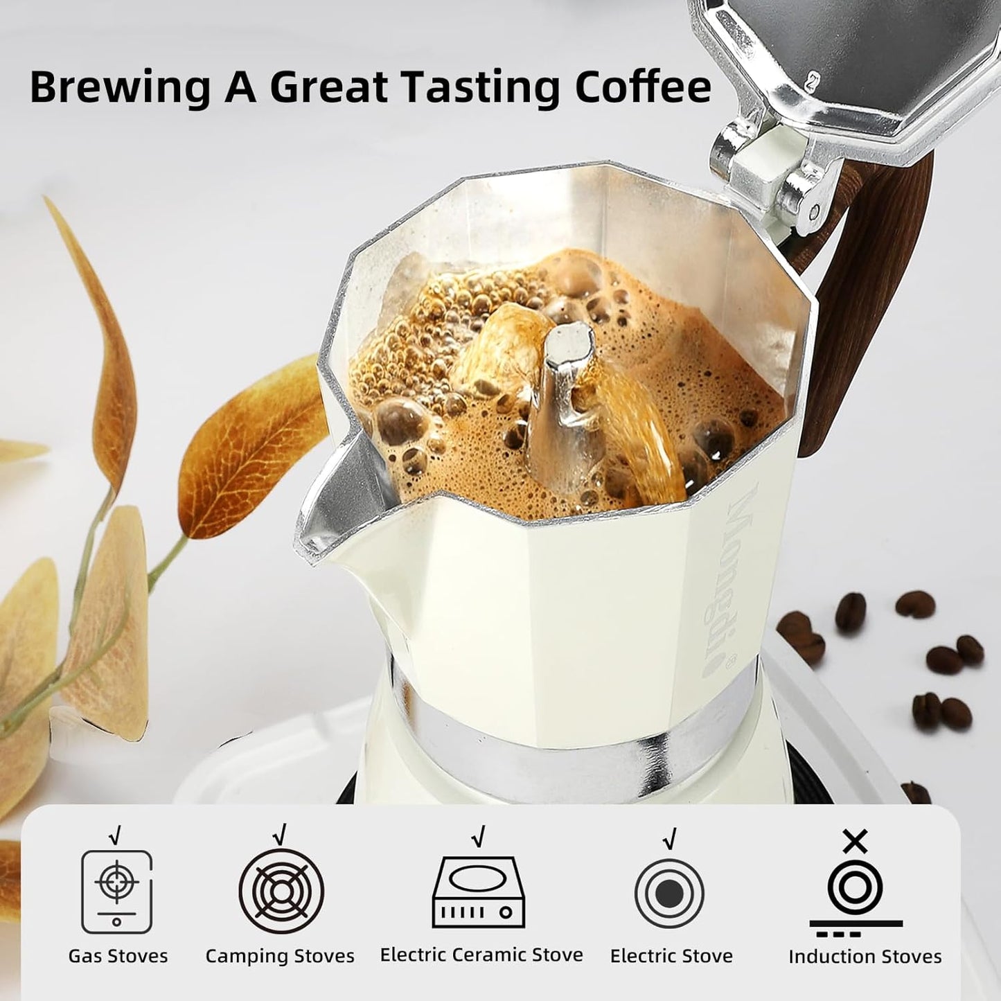 Mongdio Stovetop Espresso Maker Moka Pot, Cuban Coffee Maker Stove top coffee maker Moka Italian Espresso Greca Coffee Maker Brewer Percolator, 12 Espresso Cups, 20 oz - White