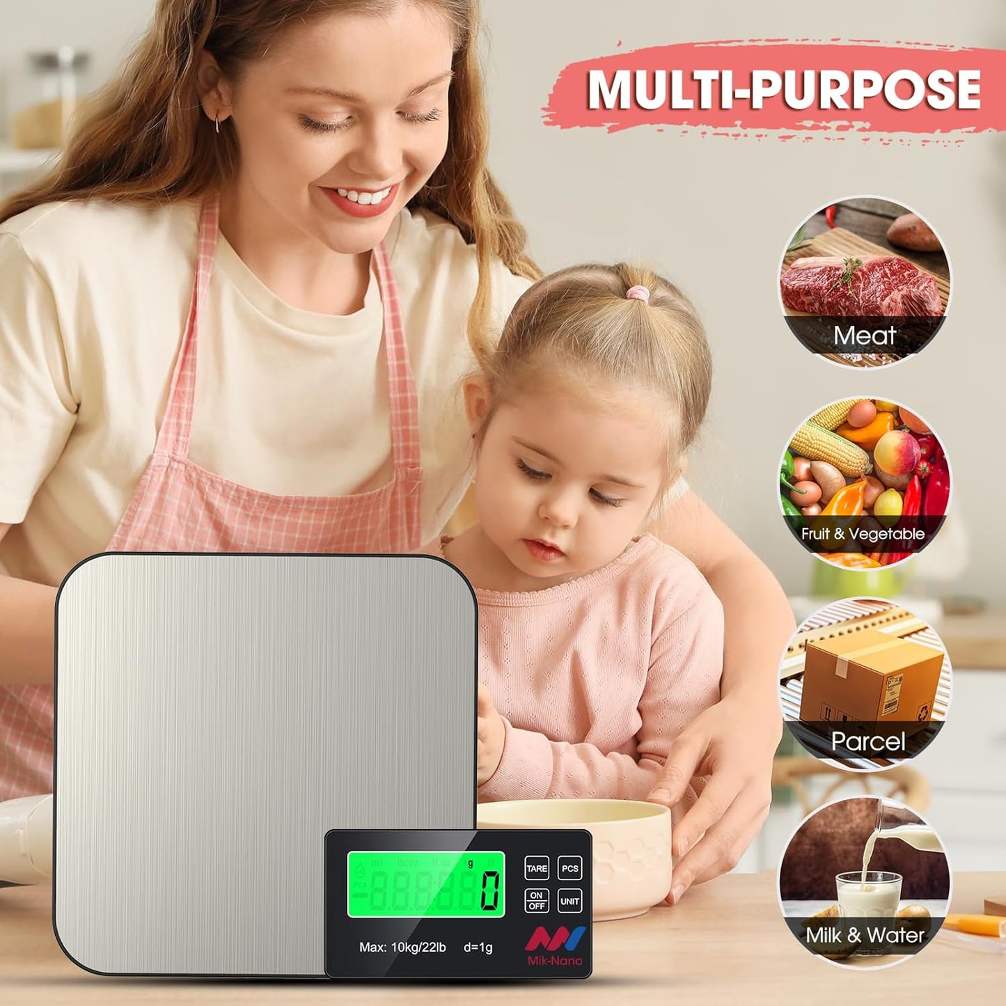 Mik-Nana Food Scale, 22lb Digital Kitchen Scale with 7 Units Wireless LCD Display & Tare Function, Stainless Steel Weight Grams and Ounces for Baking, Cooking and Meal Prep (Batteries Included)