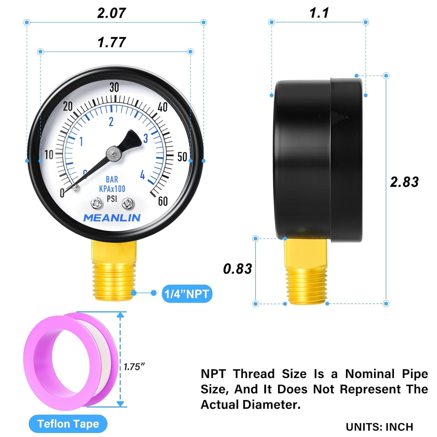 MEANLIN MEASURE 0-60Psi Well Pump Pressure Gauge 1/4" NPT 2" FACE DIAL for Pool Filter Pump Water Oil Air Compressor Tire Pressure Tester Lower Mount, with Teflon Tape