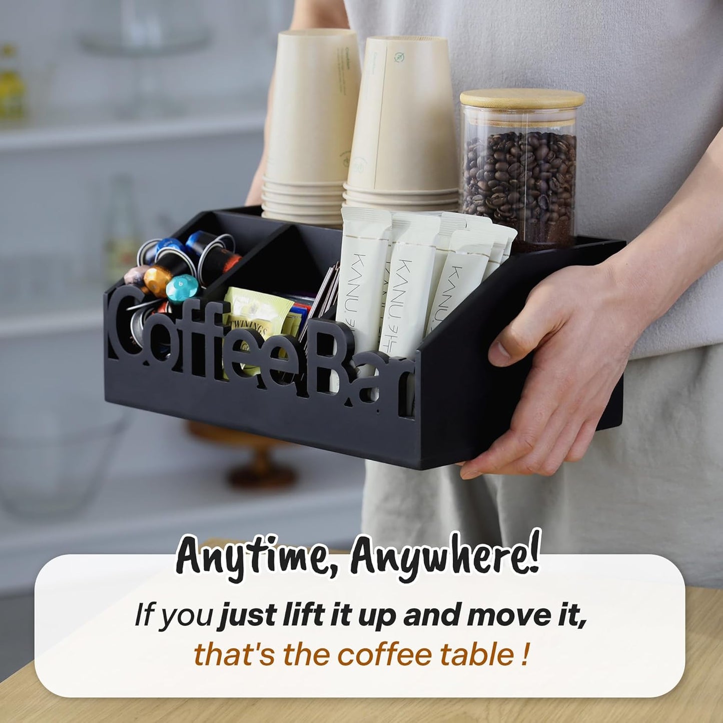 Coffee Bar Organizer for Countertop – Wooden Coffee and Tea Station Caddy with Tray for Pods, Cups, Condiments, and Accessories – Kitchen or Office Counter Storage (Medium Size -Black)