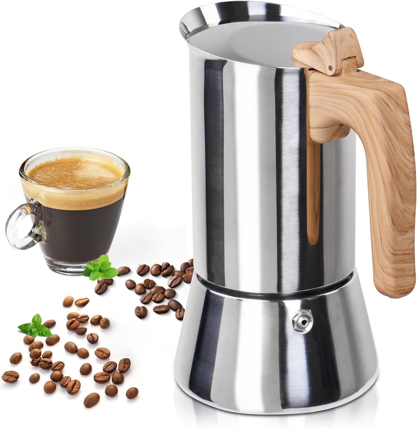 Uncoated 6 Cup Moka Pot 304 Thickened Stainless Steel Coffee Maker Stovetop Espresso Coffeemaker Italian Classic Style Brewing Greca Cafe Mocha Machine for Cafeteras Camping Travel Home 300ml 10oz