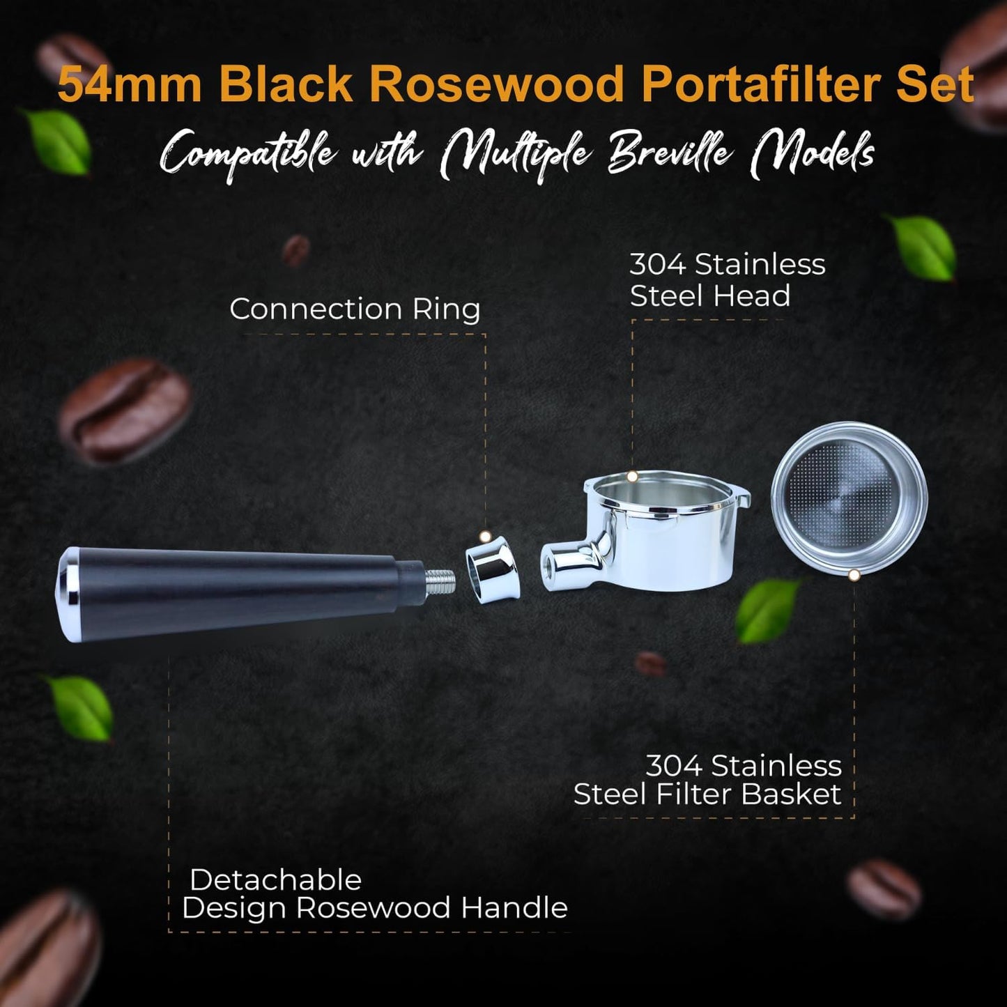 54mm Bottomless Portafilter 3 Ears Black Rosewood Handle Set– Fits Breville Barista Express, Bambino, Impress, Duo Temp Pro and Infuser – Includes 18g Filter Basket & 1.7mm Puck Screen
