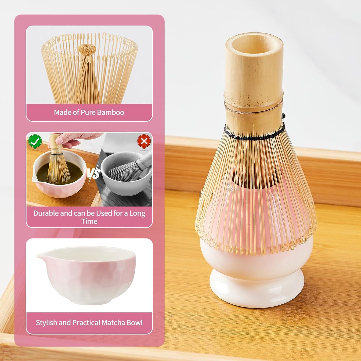 7 Pcs Matcha Whisk Set, Matcha Set Pink,Matcha Kit,Matcha Tea Set,Matcha Bowl Set with Pink Cat Scoop Holder, Tea Cloth, Sifter(Gradient Pink)