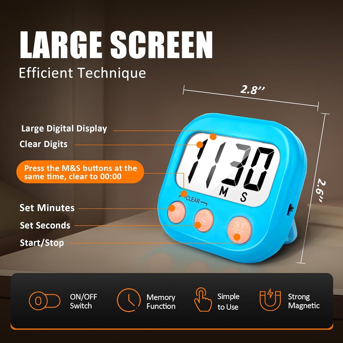 12 Pack Kitchen Timers Loud Ring Digital Timers for Cooking Magnetic Blue