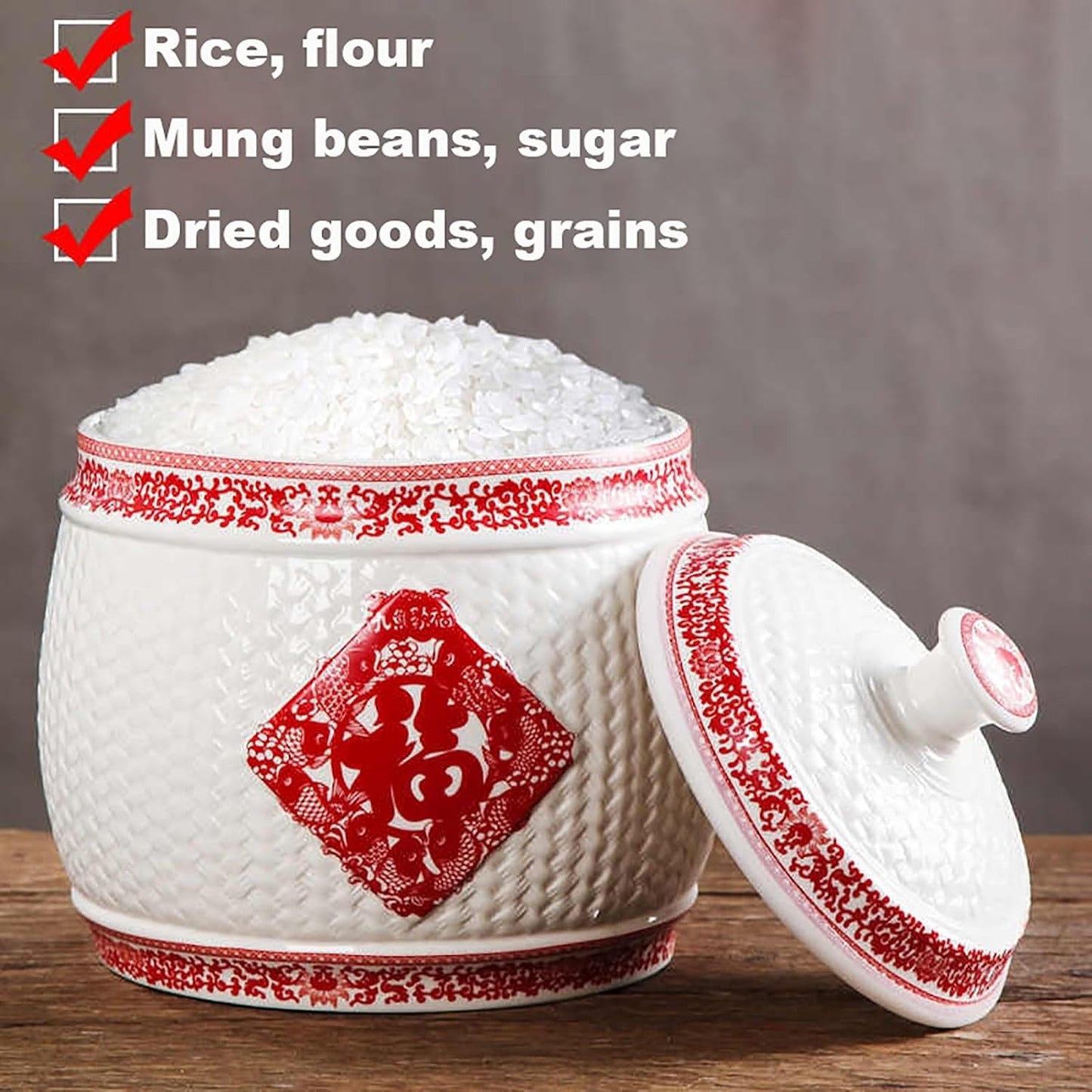 Chinese Sealed Large-Capacity Rice Pot, Ceramic Rice Bucket With Tassel Design, Grain Storage Ceramic Container, Rice Dispenser Airtight Storage Bucket For Grains Snacks Candy Coffee Beans Food(B,Capa