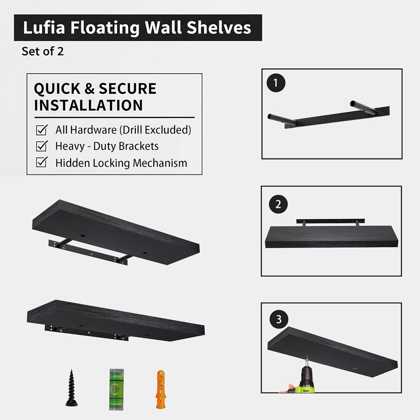 Lufia Floating Wall Shelves, Set of 2, MDF with Invisible Brackets, Modern Storage for Bedroom, Bathroom, Living Room, Kitchen (Black, 24" W x 7" D x 1.5" H)
