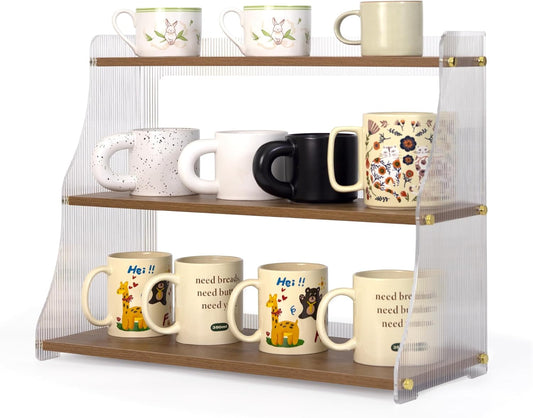 Coffee Mug Holder Wooden Cup Station Organizer 3 Tier Cup Holder for Coffee Bar Mug Display Rack for Countertop Mug Holder Shelf for Home Kitchen Nut Brown Solid Wood
