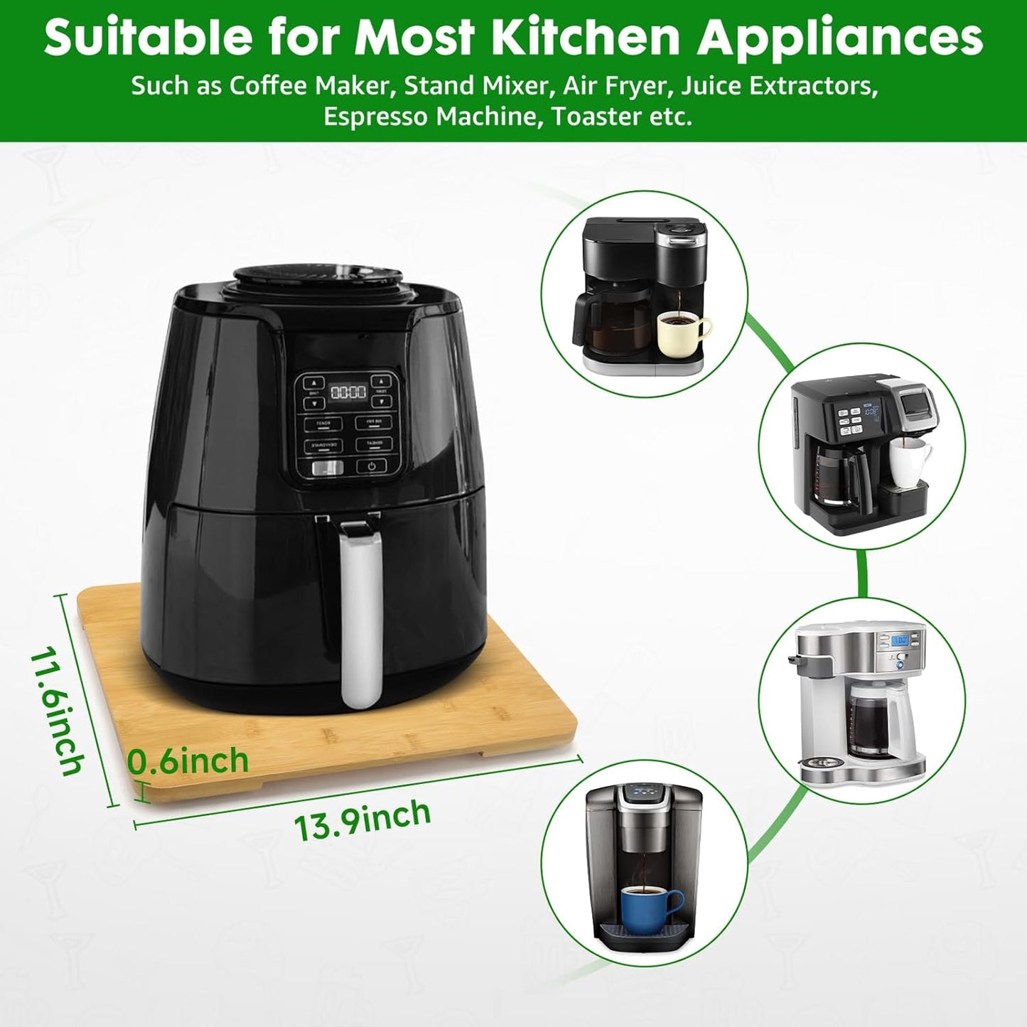 Appliance Slider 360° Rolling Tray for Coffee Maker- Bamboo Coffee Pot Slider Tray Countertop Rotation Sliding Tray with Wheels, Small Appliances Mat (Medium13.9"×11.6")