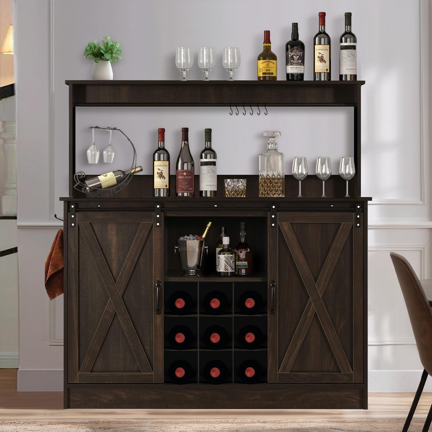 4ever2buy Farmhouse Coffee Bar Cabinet with 9 Wine Racks and 6 Hooks, 47 Inch Wine Cabinet with Storage, Kitchen Buffet Cabinet with Adjustable Shelves for Living Dining Room, Dark Oak