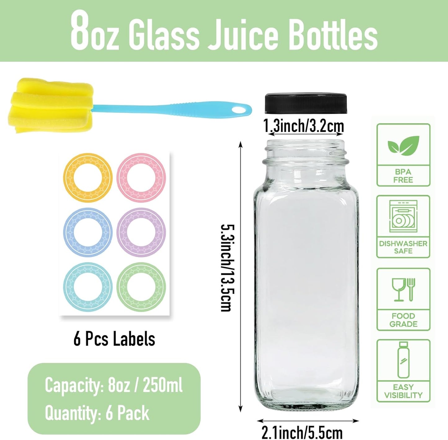 6 pack 8 oz Glass Juice Bottles with Lids, 250 ml Reusable Glass Water Bottles, Empty Drink Containers Drinking Jars with Brush, for Milk, Juicing, Kombucha, Ginger
