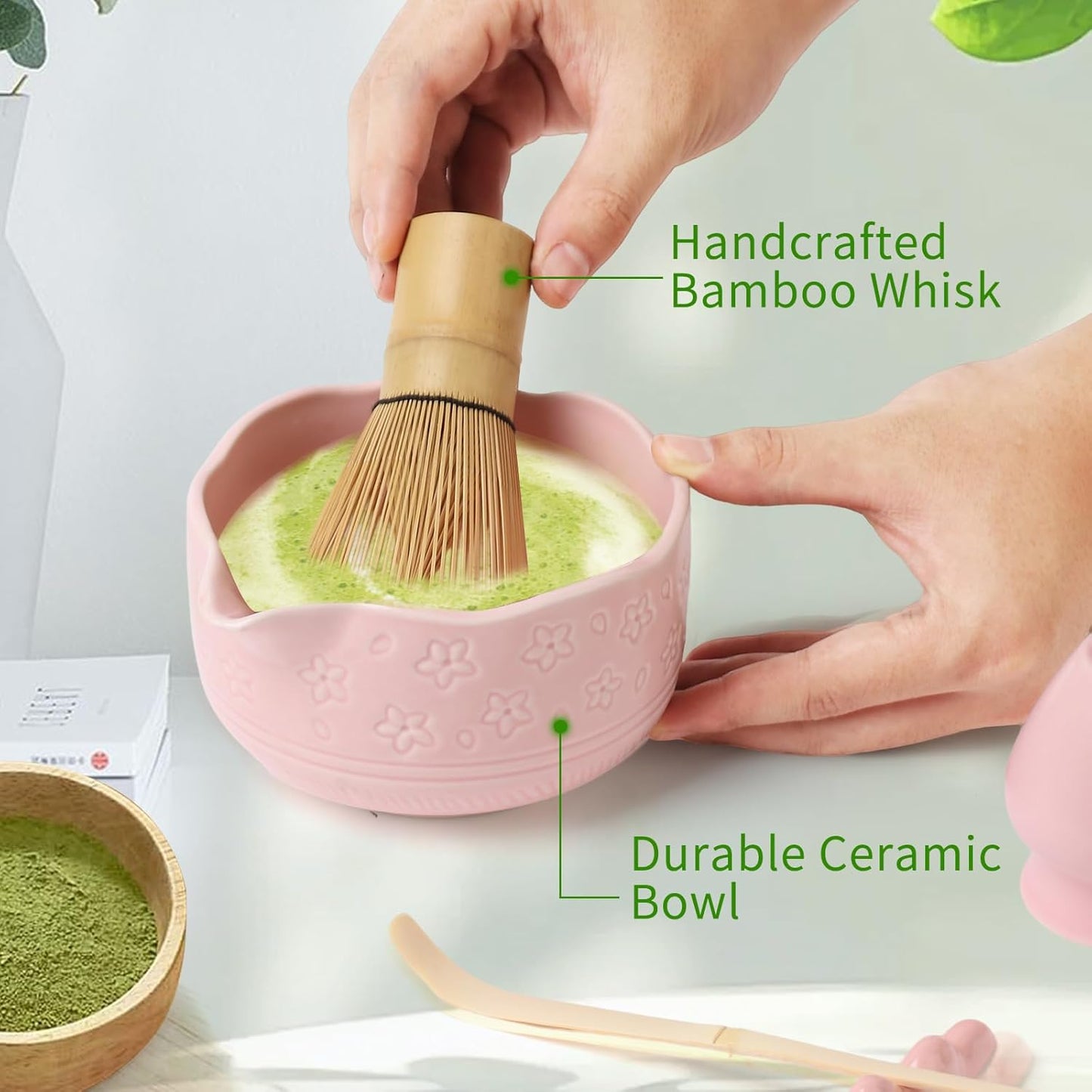 Matcha Whisk Set, Japanese Ceramic Matcha Bowl with Spout, Bamboo Whisk, Sifter, Scoop, Holder, Tea Cloth, 7-Piece Ceremonial Matcha Kit, Gift for Tea Lovers (pink)