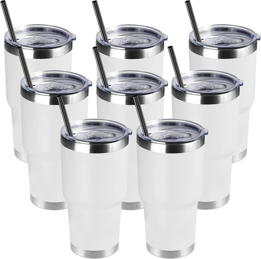 DOMICARE 30 oz Tumbler with Lid and Straw, Stainless Steel Tumblers Bulk, Insulated Vacuum Double Wall Travel Coffee Mug, Durable Powder Coated Tumbler Cups (White, 8)